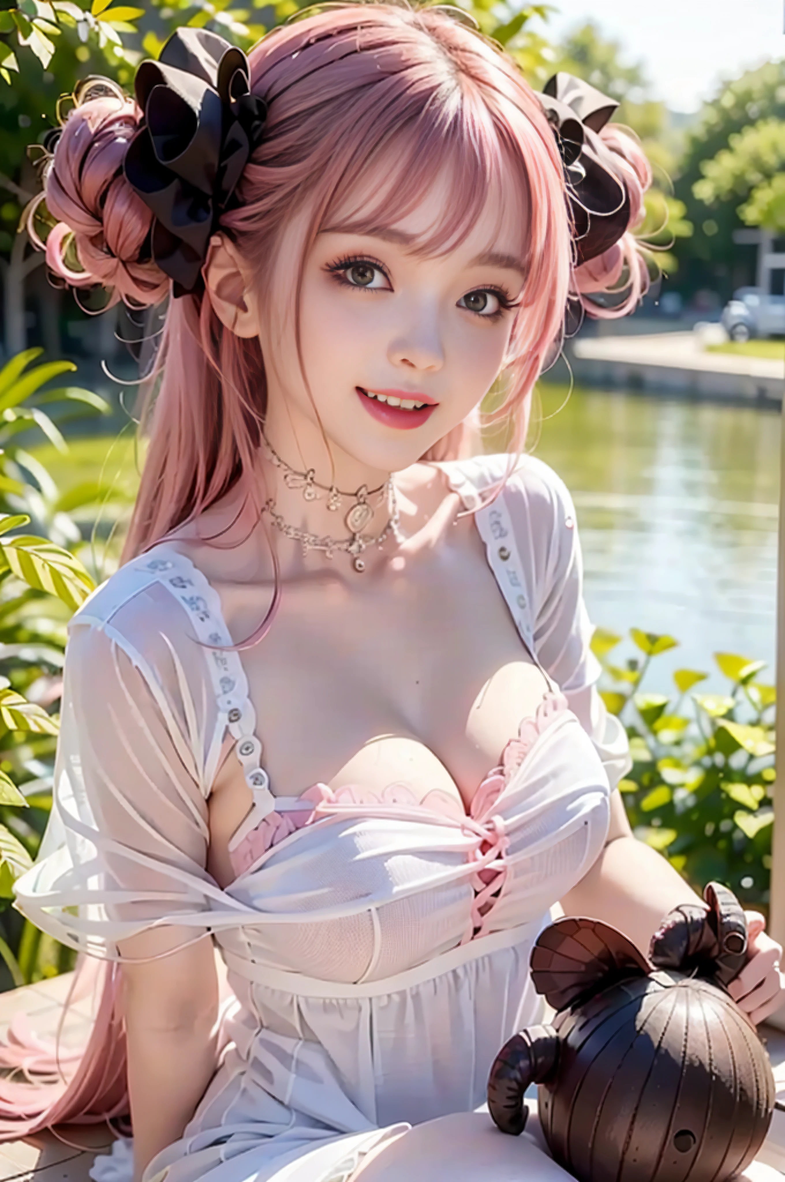 8k resolution, high resolution, single, girl, fair skin, big eyes, long eyelashes, sweet silkworm, deep eyes, lipstick, smile, ((pink hair)), messy hair, hair details, face details, ((white slip shirt)), ((black dress)), summer sun, nature, cute little animals, cute girl, silly cute, girly, white tights