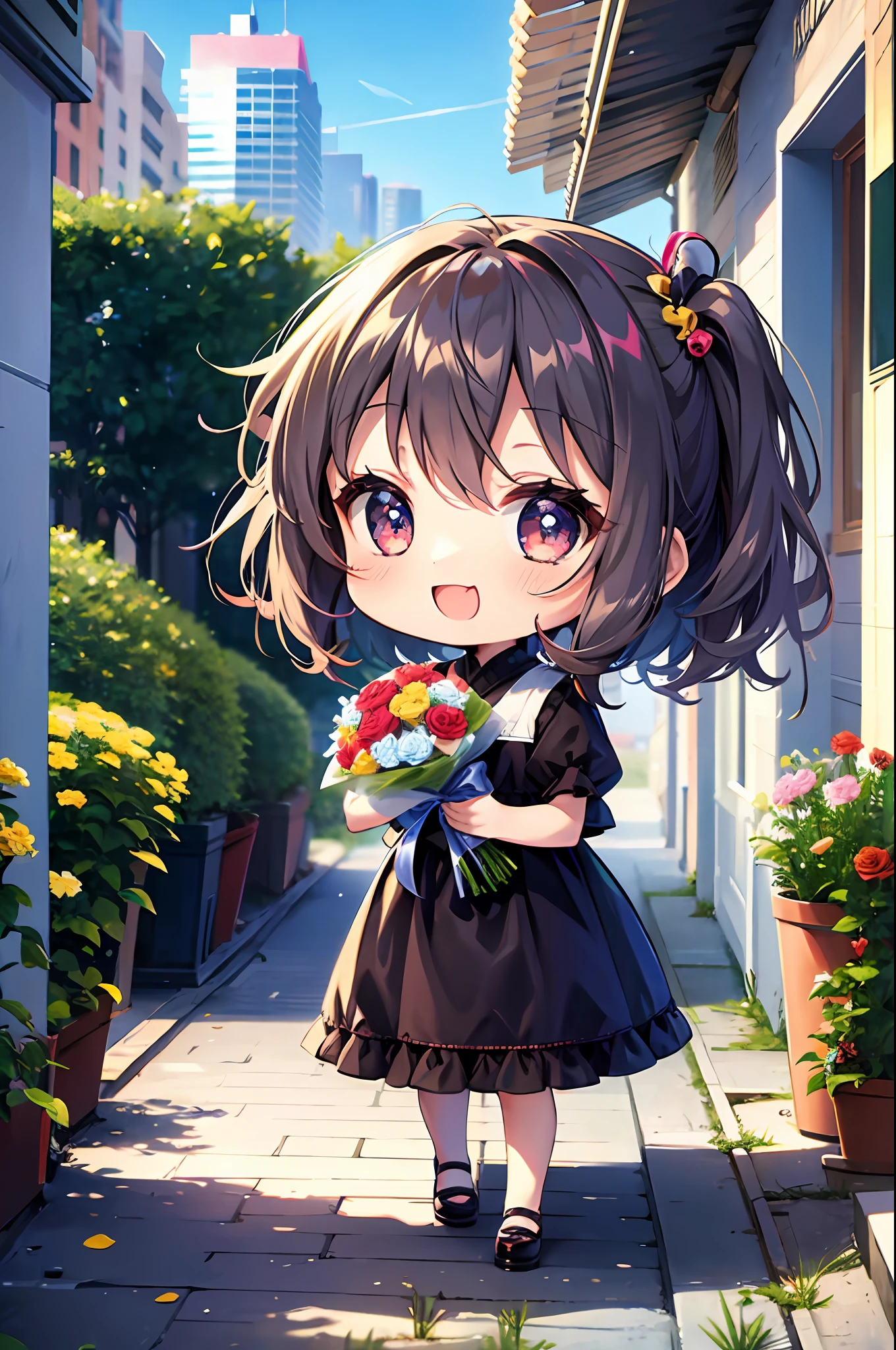 (Chibi: 1.3), happy, (holding a bouquet),