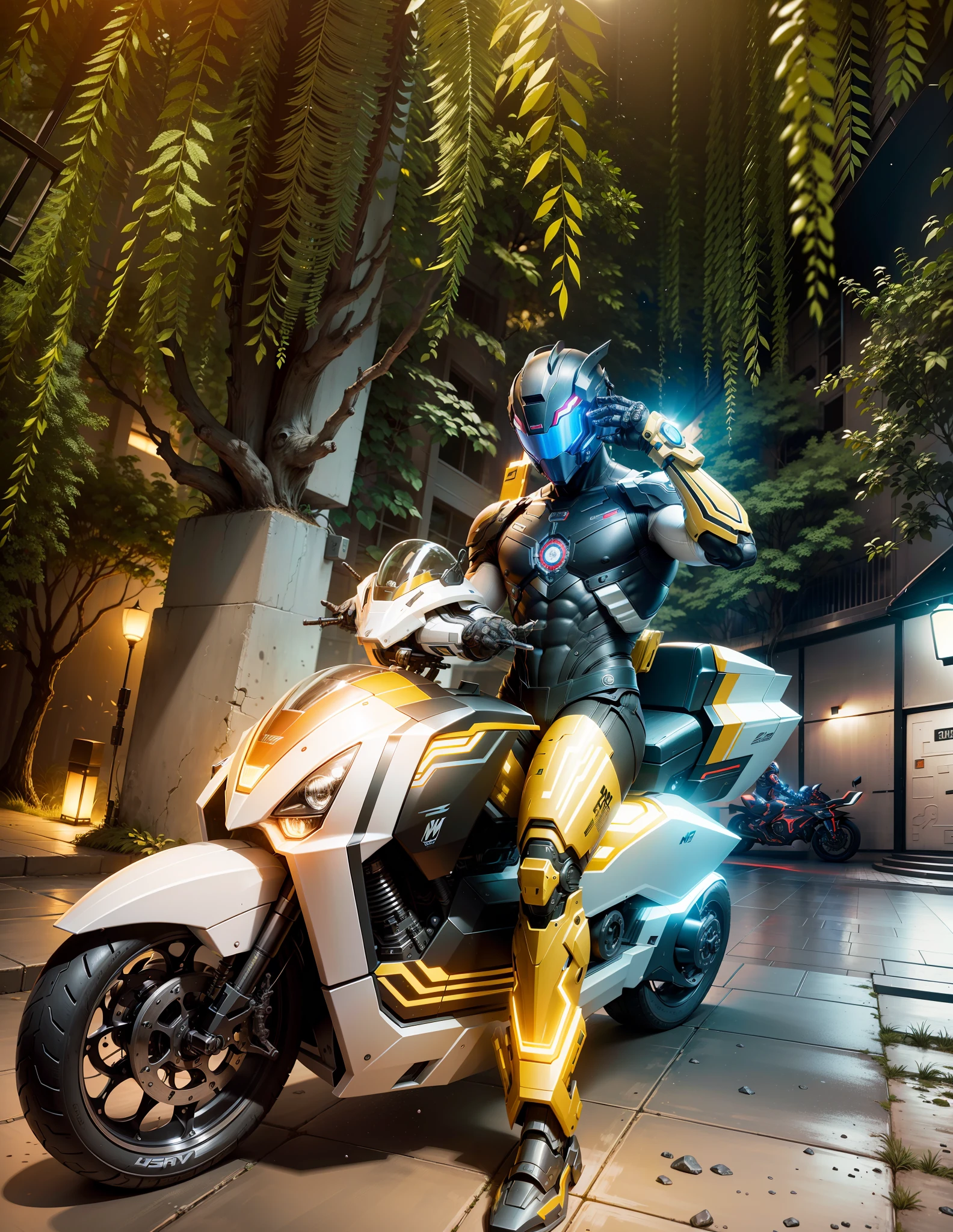Cyber Male Warrior and Cyber Tech Mechanical Motorcycle, Male Warrior One Handed Up, Nousr, Biomechanics, MSHN Robot Man, Cyber Tech Full Surround Helmet, Surreal, Steel, Intricate Design, Crazy Detail, Fine Detail, Extremely Clear Lines, Cinematic Lighting, Photo Realistic, Detailed Masterpiece