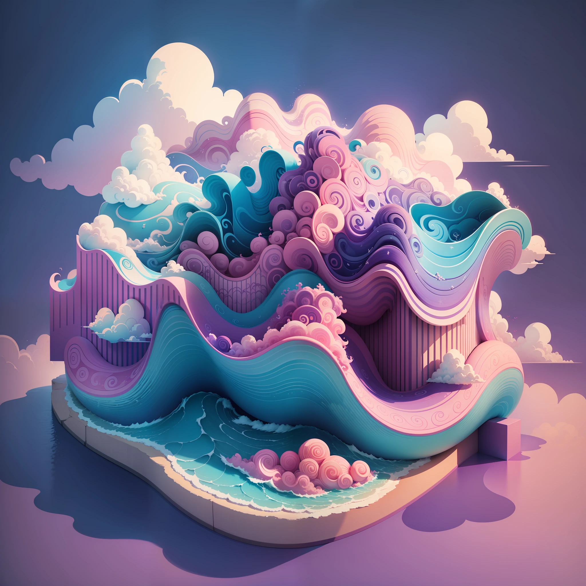Beautiful waves, pink, blue, purple, clouds on top, style: isometric