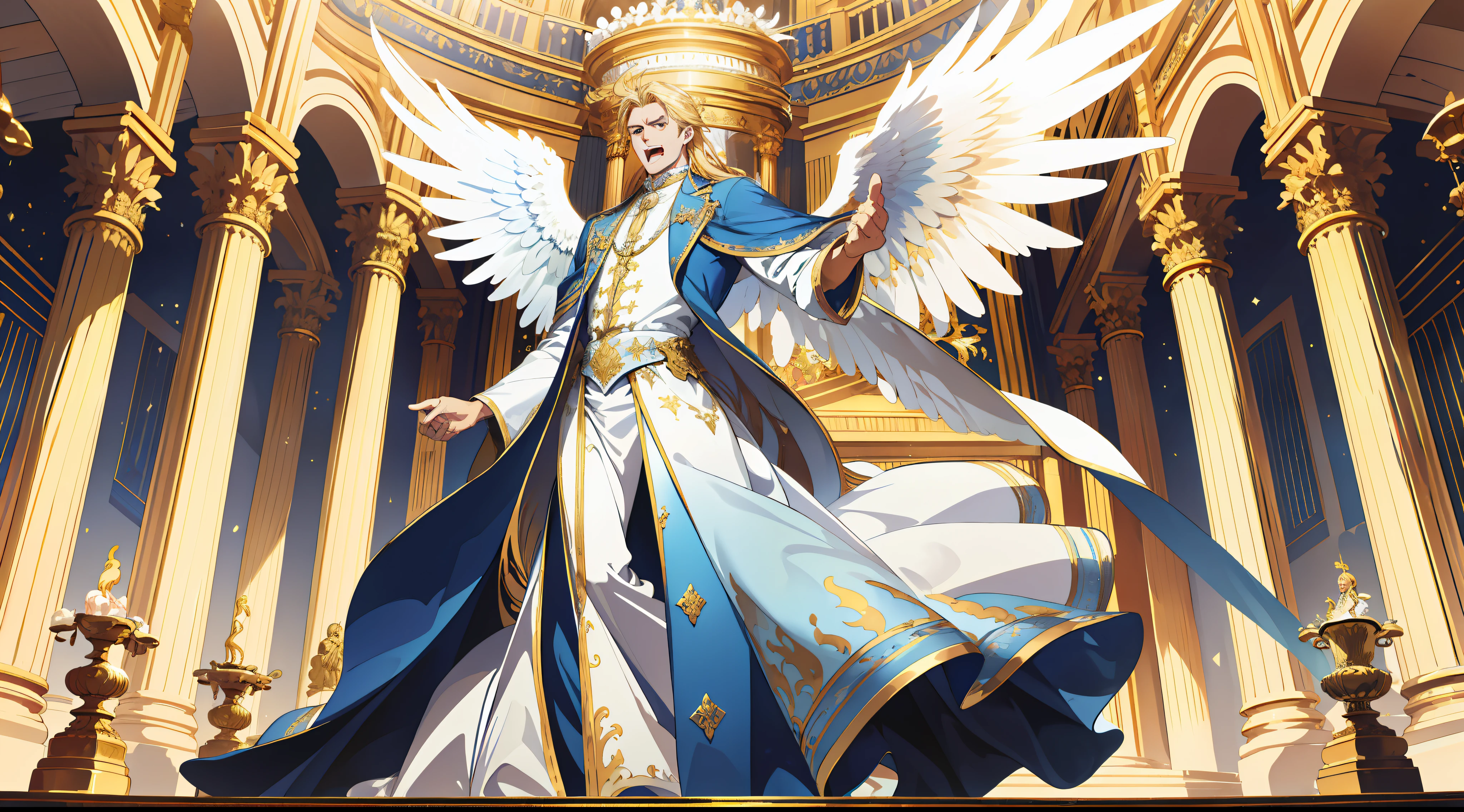 (absurd, high resolution), (panorama) (1 male), middle-aged, long blonde hair, blue and white dress, golden decoration, (tall), serious, surprised, open mouth, 3 pairs of huge wings, broad arms, angel, palace, powerful, majestic, intense luster, white-gold dress, exquisite clothes, streamer, golden magic around the whole body, behind