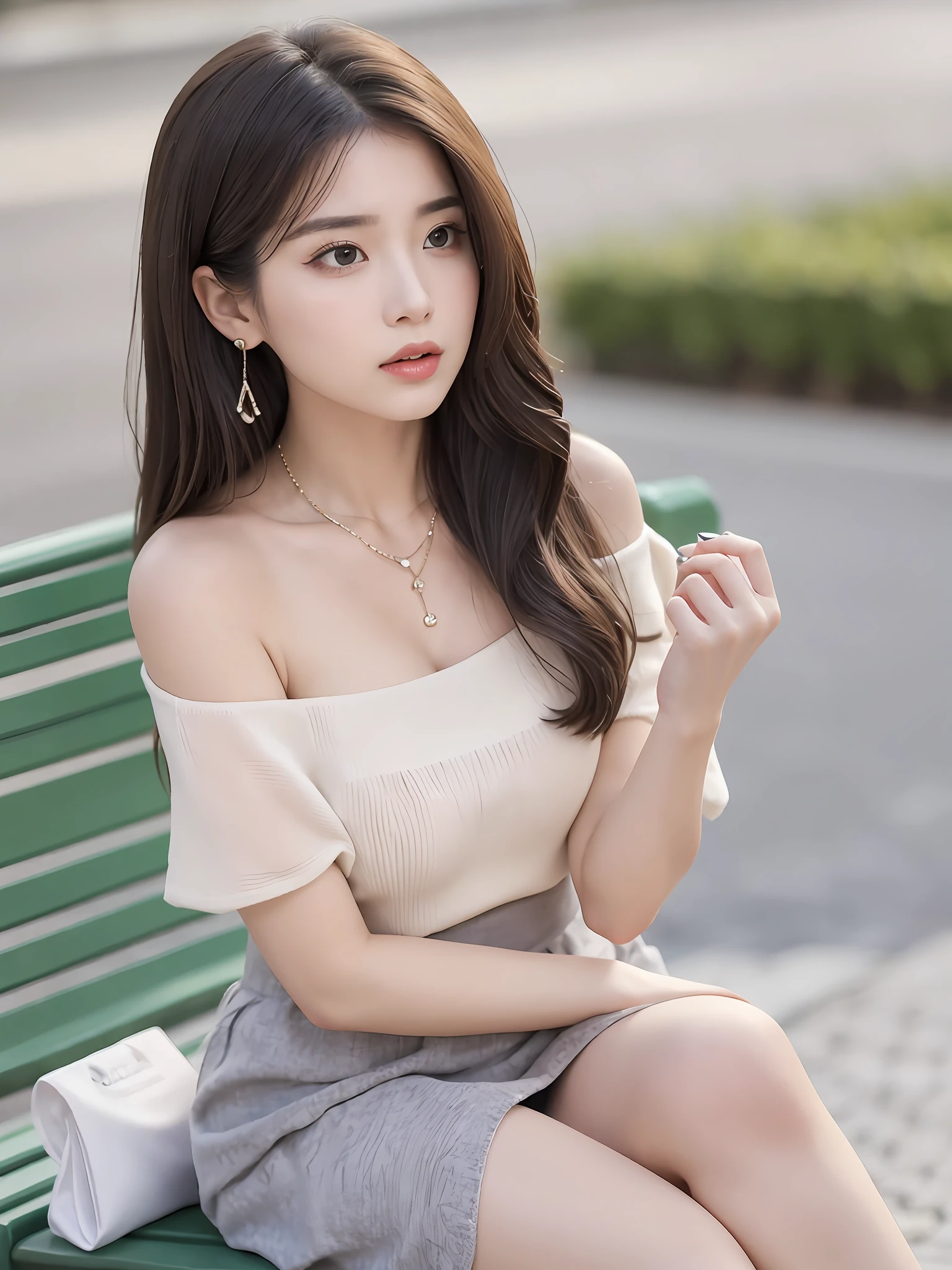 Masterpiece, high quality, high realism, an elegant woman, solo, beautiful face, big eyes, long eyelashes, double eyelids, light makeup, collarbone chain, earrings, sitting on a bench in the city park, attractive pose, off-the-shoulder, printed skirt, sexy, fair skin, thin clothes, micro abs, stockings, blurred background, depth of field, symmetry in the center