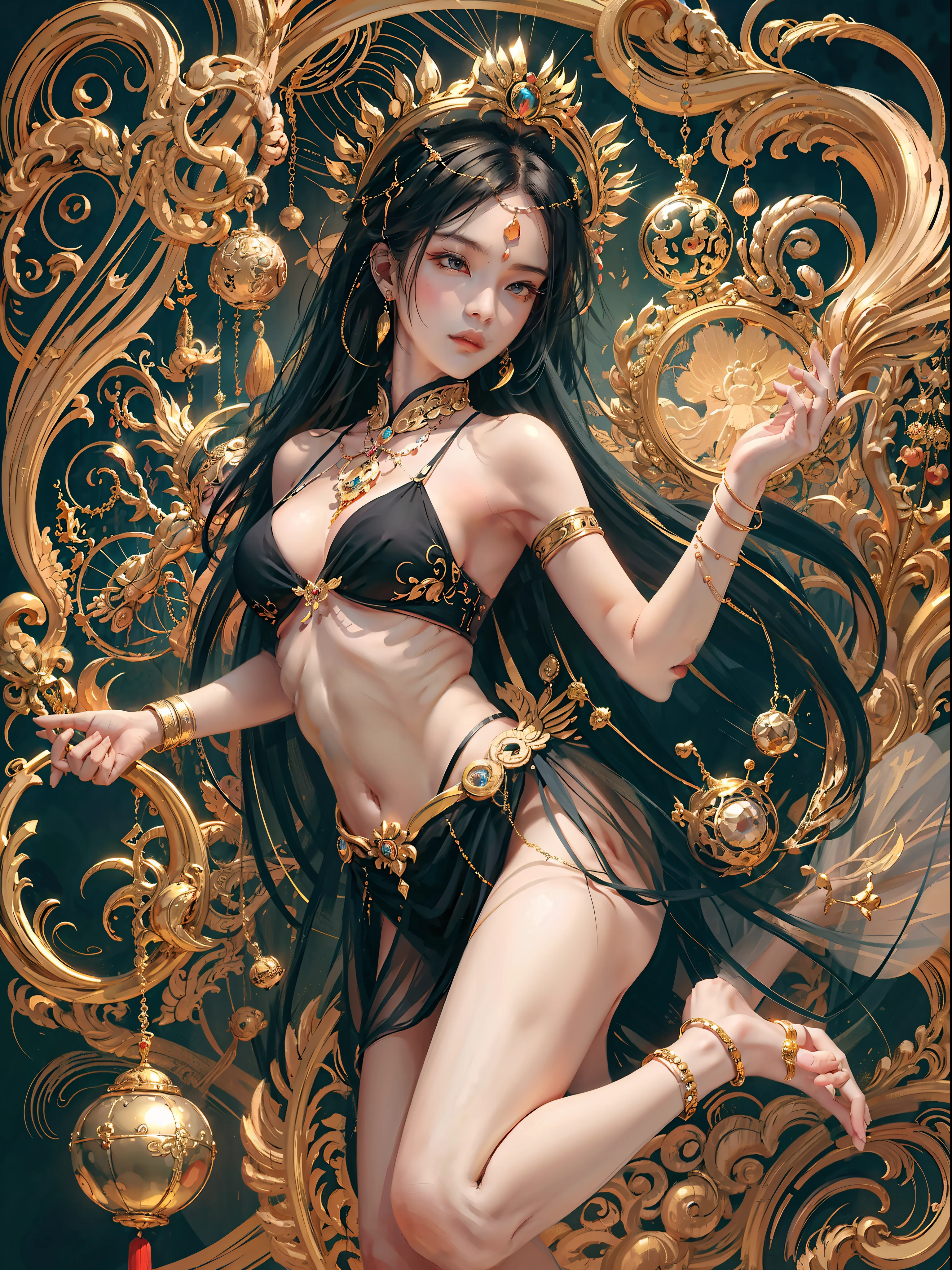 A masterpiece of a Buddhist bodhisattva girl, exquisite jewelry, delicate bracelet, delicate hair ornament, high on the feeling, aperture on the back, bodhisattva, fairy qi fluttering, holding various magic weapons in her hand, looking up from the point of view, long legs, bare feet, golden bracelet on the ankle, ancient Chinese costumes, gorgeous silk, flowing tulle, dazzling background, golden aperture behind, gold Falun behind, best light, best shadow, movie lighting, mystery, background pure black with ring aperture, ultra HD, 8k, Fair skin, Wolp_style, duhuang_style, upper body close-up, detailed face, professional classical dance moves, man floating in the air, (sideways: 1.5), 28 years old, 1girl, well-dressed, super long clothes, black hole background
