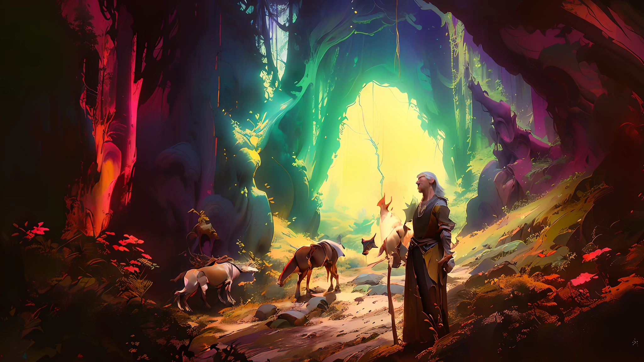 there is a man that is standing in the woods with a dog, beautiful fantasy cave scene, magical cave, fantasy digital painting, still from a fantasy movie, fantasy artrealistic painting, wide angle fantasy art, epic dreamlike fantasy landscape, fantasy painterly style, realistic fantasy illustration, beautiful render of a fairytale, ancient cave, matte painting in fantasy style