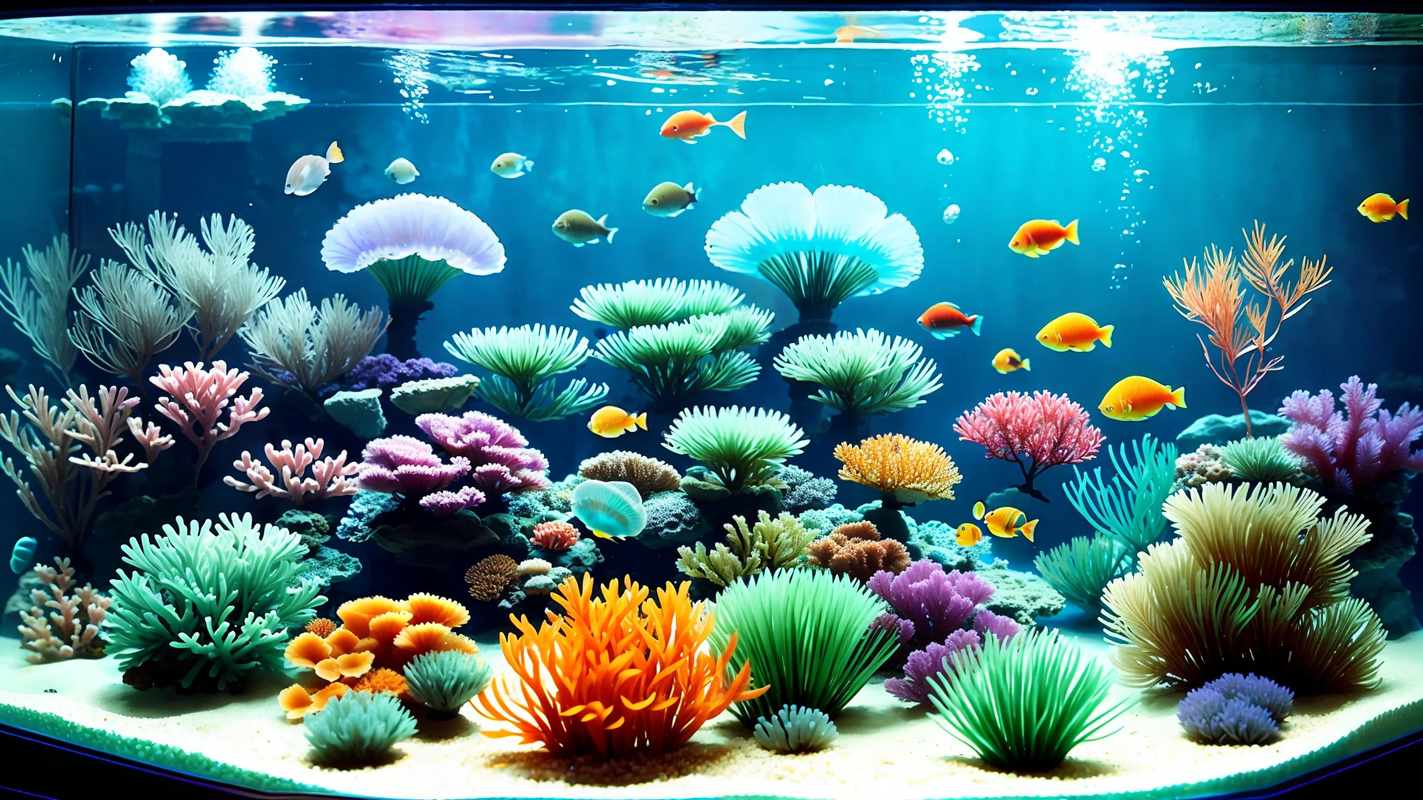 there is a fish tank with a jellyfish and other fish in it, closeup cinematic aquatic scene, undersea environment, underwater environment, 3 d stylize scene, underwater market, stylized as a 3d render, aquarium, coral reef, undersea, underwater scene, tropical reef, big aquarium, deep sea themed, 3d environment, 3d scene, 3 d scene