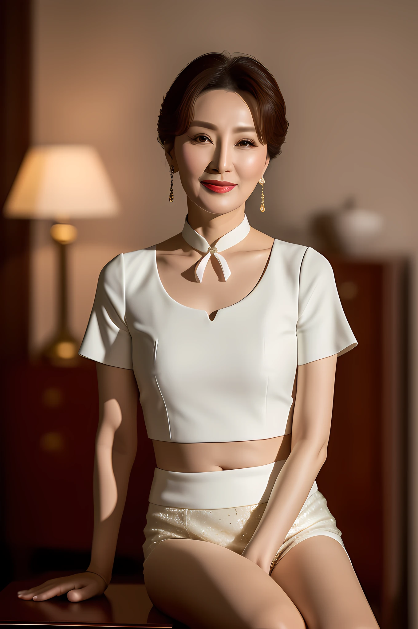 (Edit photo Guan Zhilin as a 48-year-old Chinese actress), (wearing a delicate top, intimate, details: 1.3), (white elegant skirt: 1.3), (choker necklace: 0.8), (height detail face: 1.4), (sitting legs open: 1.4), (bright background with a kind smile, café: 1.3), (8k, ultra HD, DSLR, high quality, cinematic lighting, bokeh), (dramatic, award-winning photography, incredible masterpiece: 1.3）