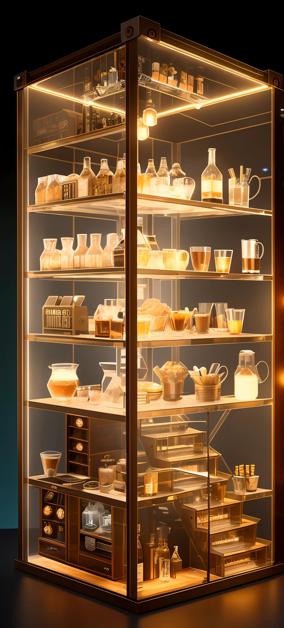 Dieselpunk, knollingcase, isometic render, (coffee shop), (bar), (cafe), Spiral stairs, isometric display case, knolling teardown, transparent data visualization infographic, high-resolution OLED GUI interface display, high contrast, micro-details, octane render, photorealism, photorealistic