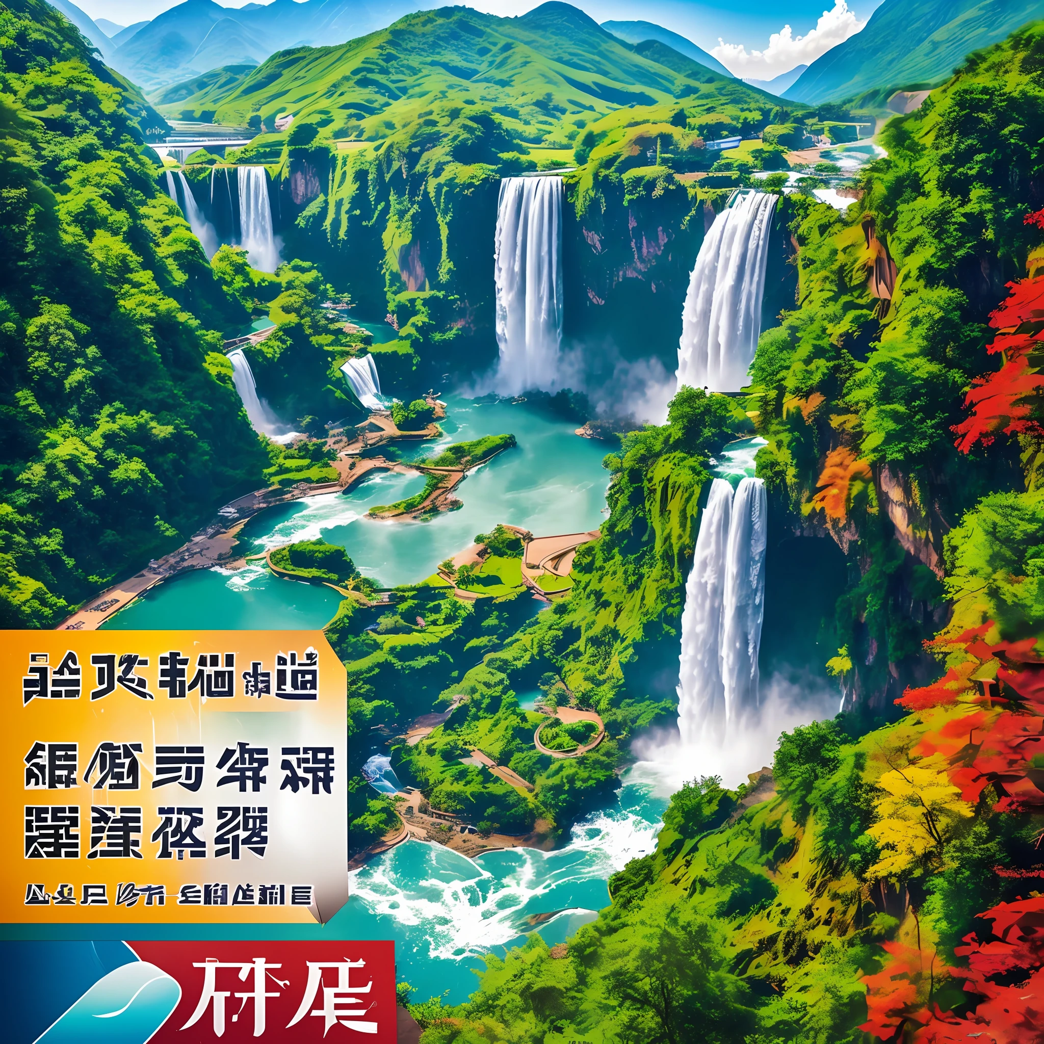 (A realistic tourism promotional poster, the background waterfall, the valley integrated, immersive) Huangguoshu Waterfall + (concise tourism product name and price) (:1.2) - > overall details exquisite (1.2) - > beautiful scenery, brilliant colors, v --auto --s2