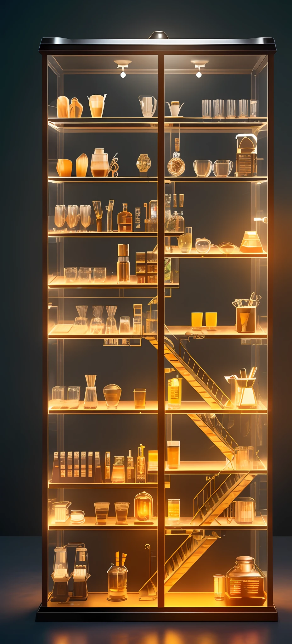 Dieselpunk, knollingcase, isometic render, (coffee shop), (bar), (cafe), Spiral stairs, isometric display case, knolling teardown, transparent data visualization infographic, high-resolution OLED GUI interface display, high contrast, micro-details, octane render, photorealism, photorealistic