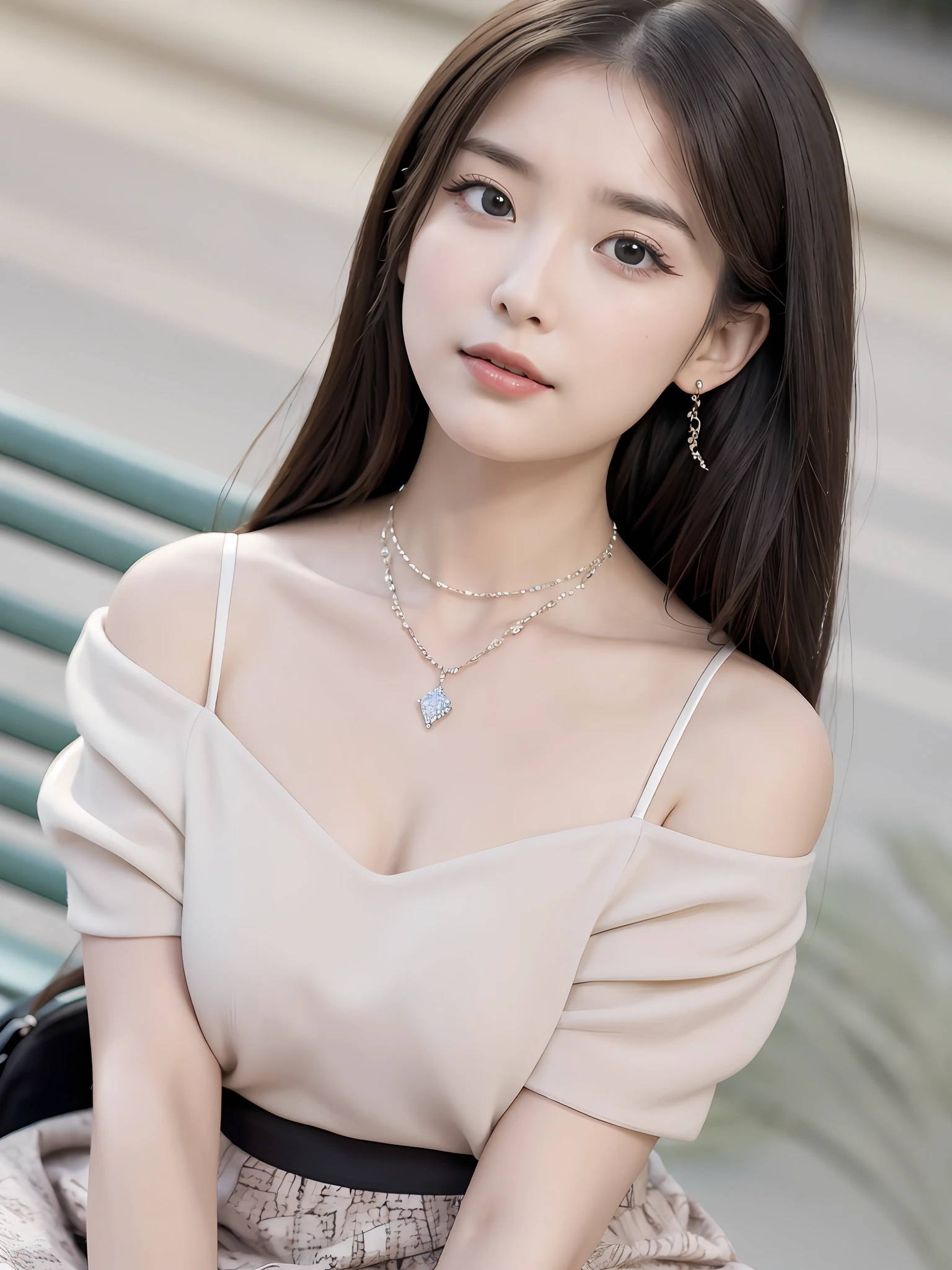 Masterpiece, high quality, high realism, an elegant woman, solo, beautiful face, big eyes, long eyelashes, double eyelids, light makeup, collarbone chain, earrings, sitting on a bench in the city park, attractive pose, off-the-shoulder, printed skirt, fair skin, thin clothes, micro abs, 8K HD quality, blurred background, depth of field, symmetry in the center