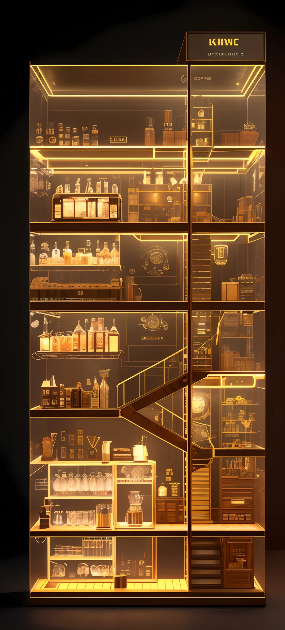 Dieselpunk, knollingcase, isometic render, (coffee shop), (bar), (cafe), Spiral stairs, isometric display case, knolling teardown, transparent data visualization infographic, high-resolution OLED GUI interface display, high contrast, micro-details, octane render, photorealism, photorealistic