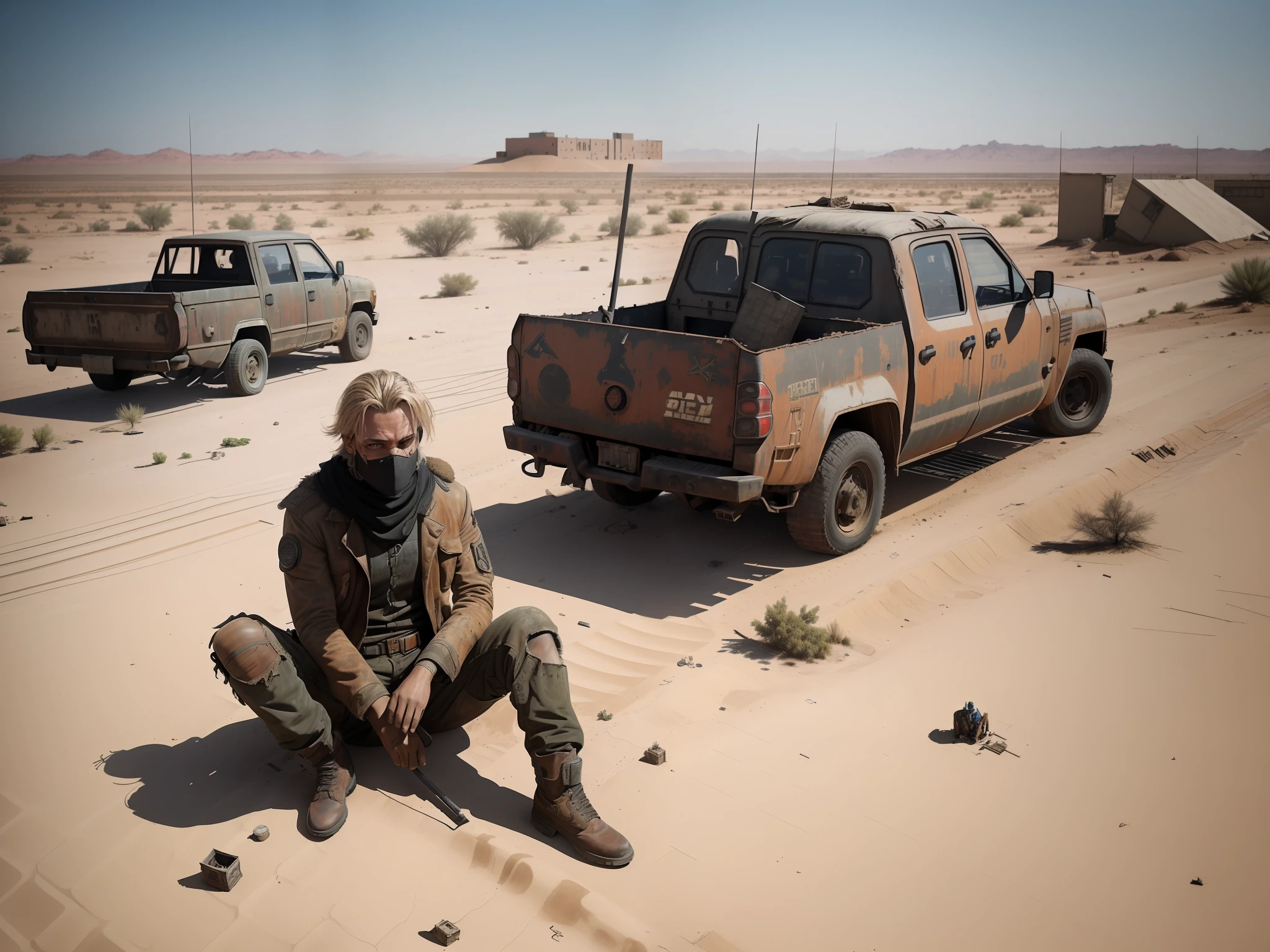 (prominent dystopian theme)+(gritty atmosphere)+(post-apocalyptic imagery)+(man in a mask sitting on the roof of a dirty and rusty truck, surrounded by a barren desert, under the scorching sun)