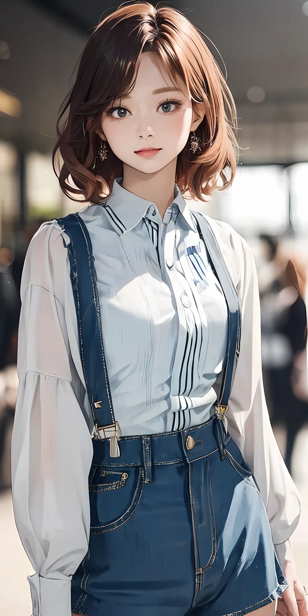 (masterpiece, best quality), beautiful woman, cropped shirt, suspenders, shorts, short wavy hair, asymmetrical bangs, perfect face, beautiful face, alluring, big gorgeous eyes, soft smile, perfect slim fit body, shopping mall, seoul, bright colors