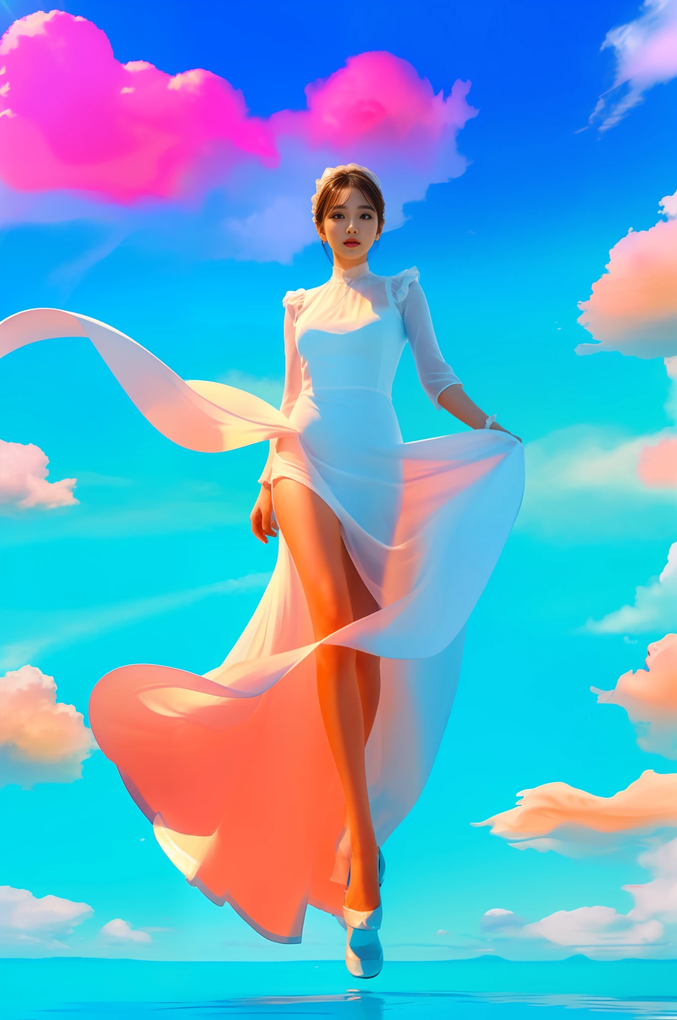 (8k, RAW photo, photorealistic:1.25) ,( lip gloss, eyelashes, glossy side, shiny skin, best quality, ultra-high resolution, depth of field, chromatic aberration, caustics, special light, natural shadows, headwear, Kpop idol), golden yellow and light blue style, 1girl, (blue sky: 1.5), tall and thin beauty goddess, flowing dress, conservative girl, cloud goddess, flowing white fabric, wearing a flowing dress, realistic, (background with blue sky and white clouds: 1.4), at the water's edge, reflection, (wind: 1.5), (full body: 1.5),