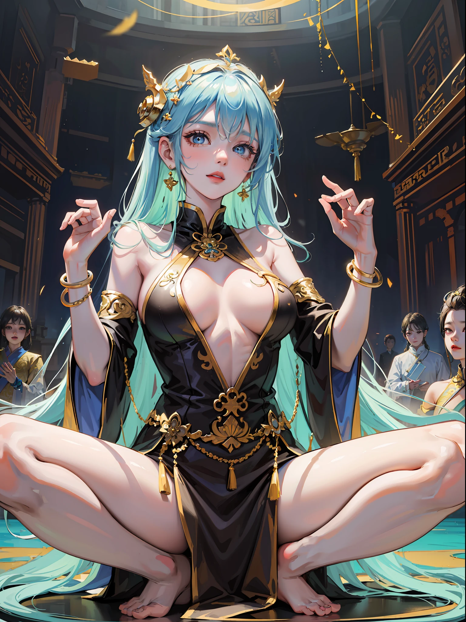 A Buddhist Bodhisattva Girl, (Masterpiece, Top Quality, Best Quality, Official Art), (KPOP idol), Delicate Jewelry, Delicate Bracelet, Delicate Hair Ornament, High Feeling, Aperture on the Back, Bodhisattva, Immortal Fluttering, Looking Up View, Barefoot, Golden Bracelet on Ankle, Ancient Chinese Costumes, Gorgeous Silk, Flowing Tulle, Dazzling Background, Golden Aperture in the Back, Gold Falun in the Back, Best Light, Best Shadow, Movie Lighting, Mystery, Background pure black with ring-shaped aperture, ultra HD, 8k, fair skin, Wolp_style, duhuang_style, upper body close-up, detailed face, professional classical dance movements, people floating in the air, (sideways: 1.5), 28 years old, 1girl, well-dressed, super long clothes, black hole background, in a temple in Thailand, one leg on the ground, left hand to do Buddha hand on chest, other raised above head to do Buddha hand, surreal, photo, realistic, surfacing from a clear pool, (wet: 2.0), (wet hair: 1.5), medium chest, 48KG weight, smooth skin, light blue pupils, detailed eye painting