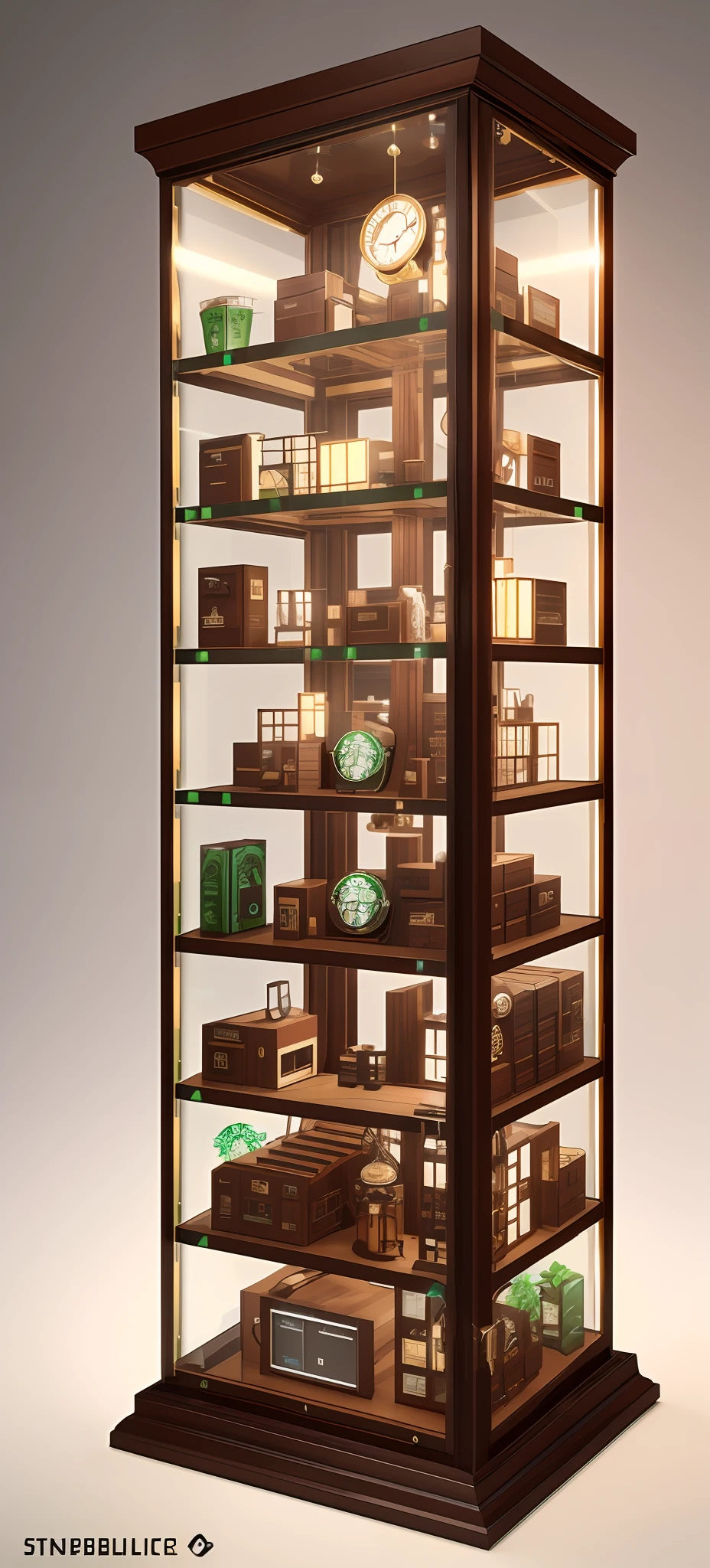 Steampunk, knollingcase, isometic render, (Starbucks coffee shop), Spiral stairs, isometric display case, knolling teardown, transparent data visualization infographic, high-resolution OLED GUI interface display, high contrast, micro-details, octane render, photorealism, photorealistic