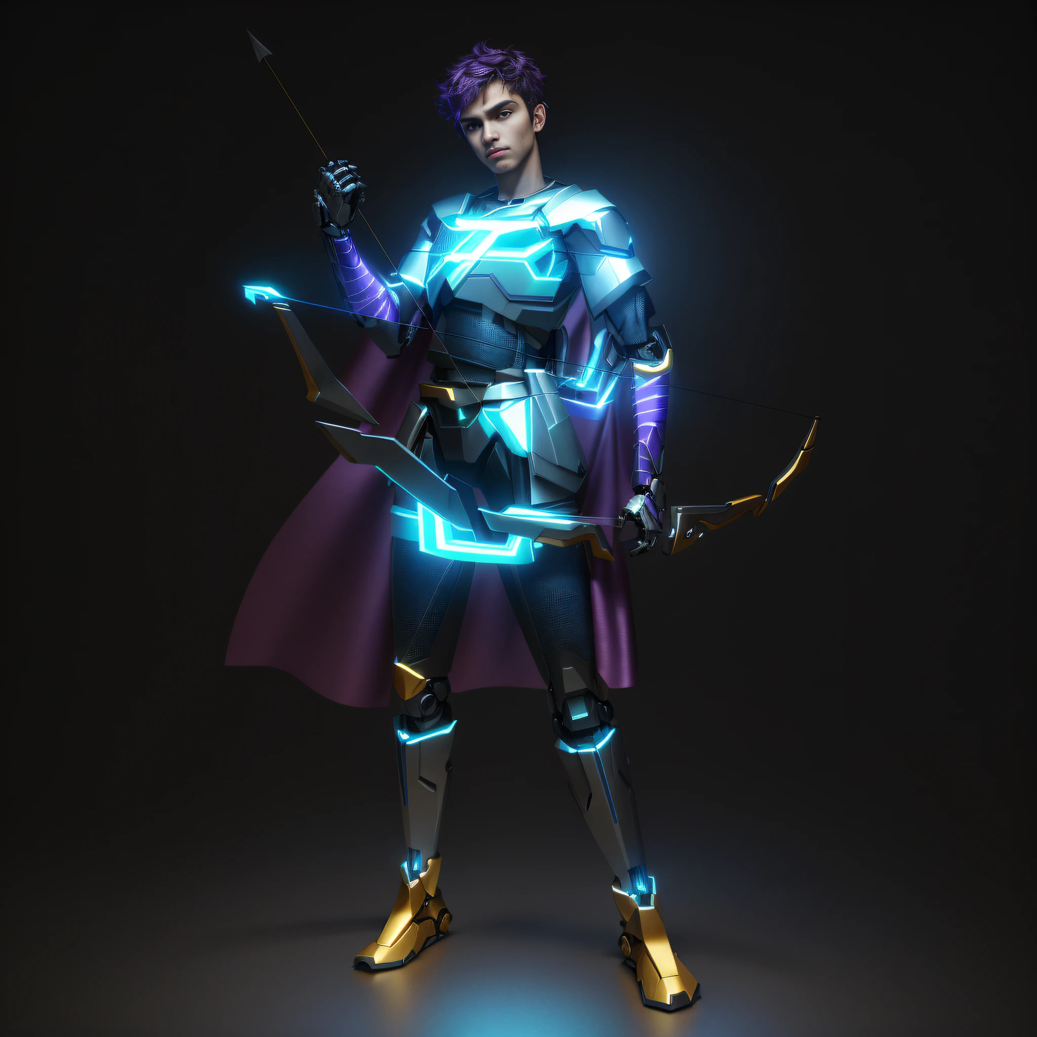 3d rendering, CGI, symmetry, octane rendering, 35mm, complex detail, HDR, complex detail, ultra-detailed, natural skin texture, surrealism, sharp, 1 boy, man, portrait, looking at the audience, solo, detailed background, close up, purple eyes, colored hair, detailed face, dynamic pose, blue light, spark, electricity, explosion, movie atmosphere, mecha costume, robot, mechanical bow and arrow