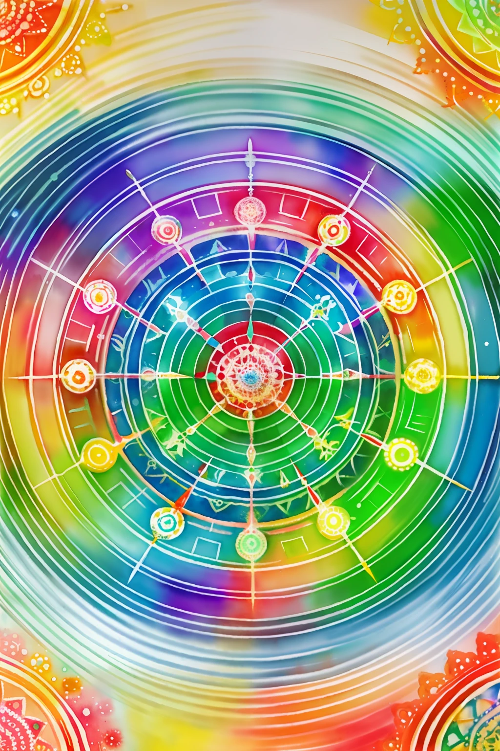 Mandala inspired by the seven chakras, featuring corresponding colors and symbols, subtle shapes, watercolor, out of focus, blurry, not much detail, impressionist, abstract, extremely pale mint color