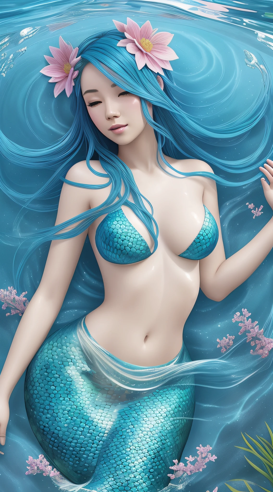 mermaid with blue hair and flowers floating in the water, beautiful mermaid, beautiful digital illustration, a beautiful artwork illustration, beautiful digital artwork, beautiful gorgeous digital art, beautiful digital art, asian female water elemental, gorgeous digital art, very beautiful digital art, closeup fantasy with water magic, beautiful fantasy art, beautiful digital painting, exquisite digital illustration, gorgeous digital painting