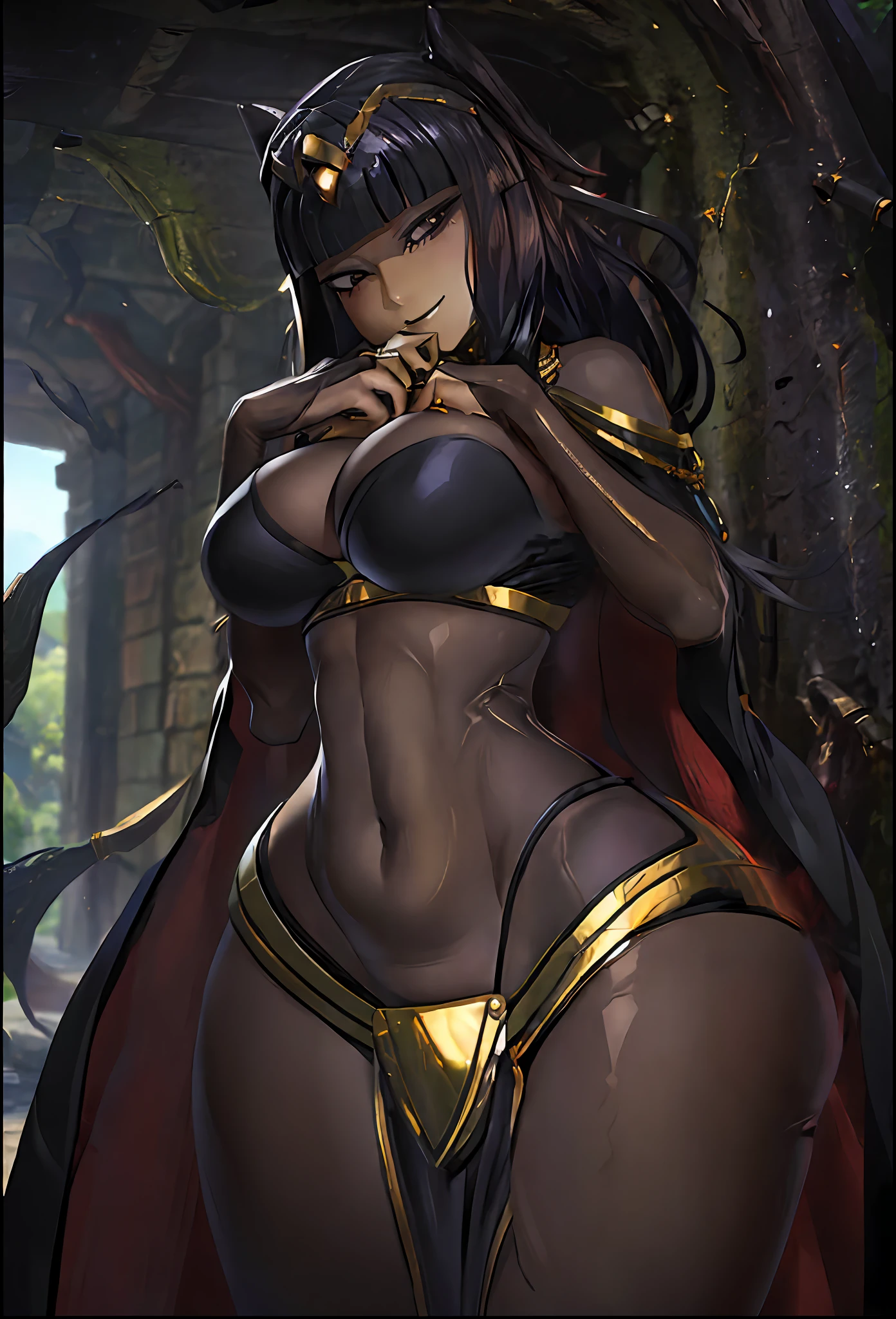 ((masterpiece:1.2)), best quality, ((extreme detail)),(ultra-detailed), anime screencap, extremely, detailed, CG, 3d, unity, 8k, wallpaper, blunt bangs, hime cut, tharja, tharja(fire emblem), (black eyes), black hair, long hair, (large breasts), gold loincloth, gold-lined bodystocking, gold hairband, gold collar, ((torn clothes)), lying, hand to own chin, looking at viewer, (dark aura), dark energy, black magic, wide hips, (((official art))), (half closed eyes), (full body view), ((large breasts)), ((grin)), thick thighs,