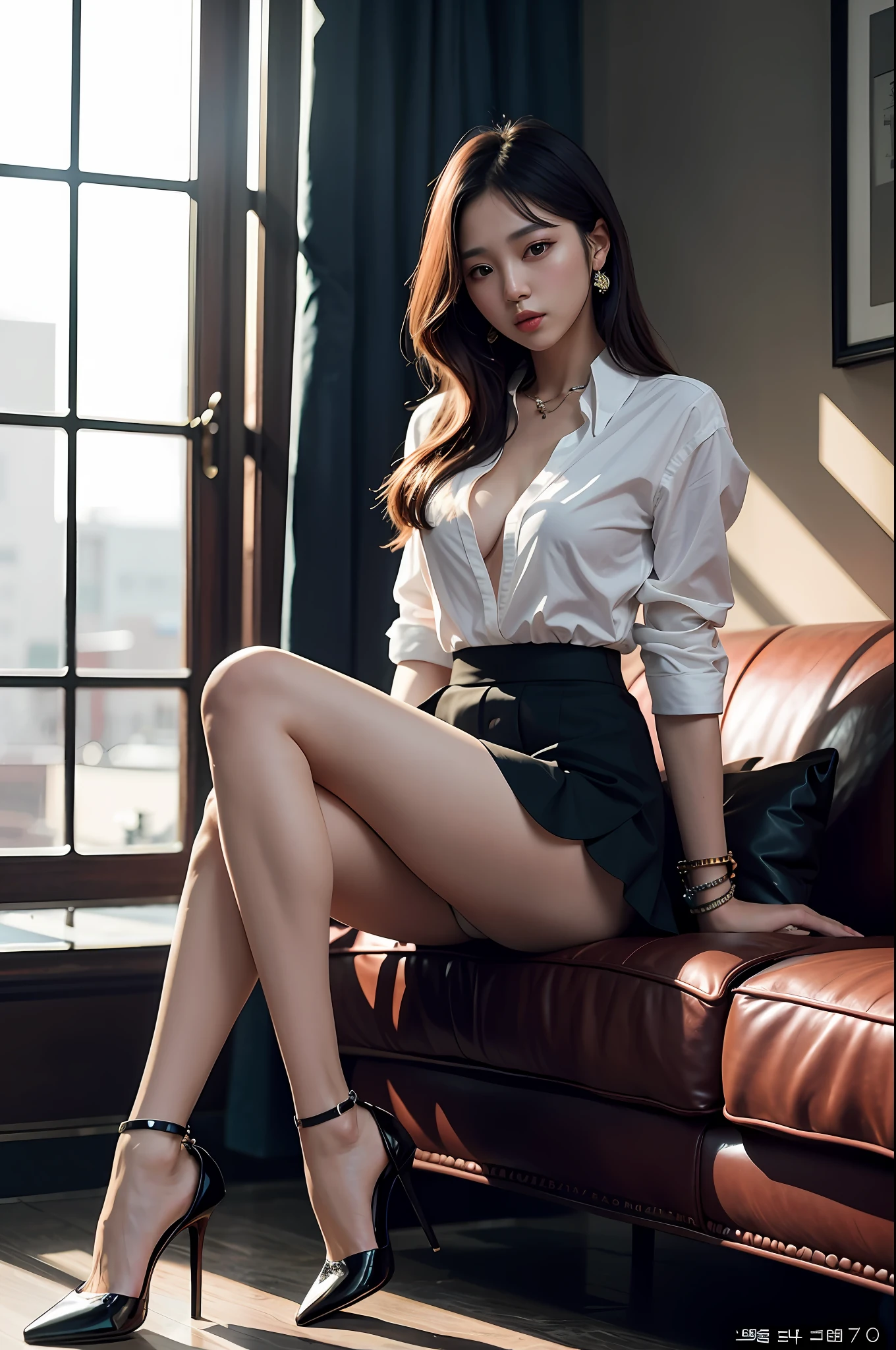 Masterpiece, top quality, skin type, beautiful face, alafed woman sitting on sofa wearing high heels and white shirt and pleated mini skirt, one korean girl, sexy style, gorgeous young korean woman, korean woman fashion model, beautiful korean woman, elegant seduction pose, sexy girl, sexy expression, slim girl model photo, korean womanSexy pose, beautiful young Korean woman, smooth white tight clothes suit, very sexy outfit
