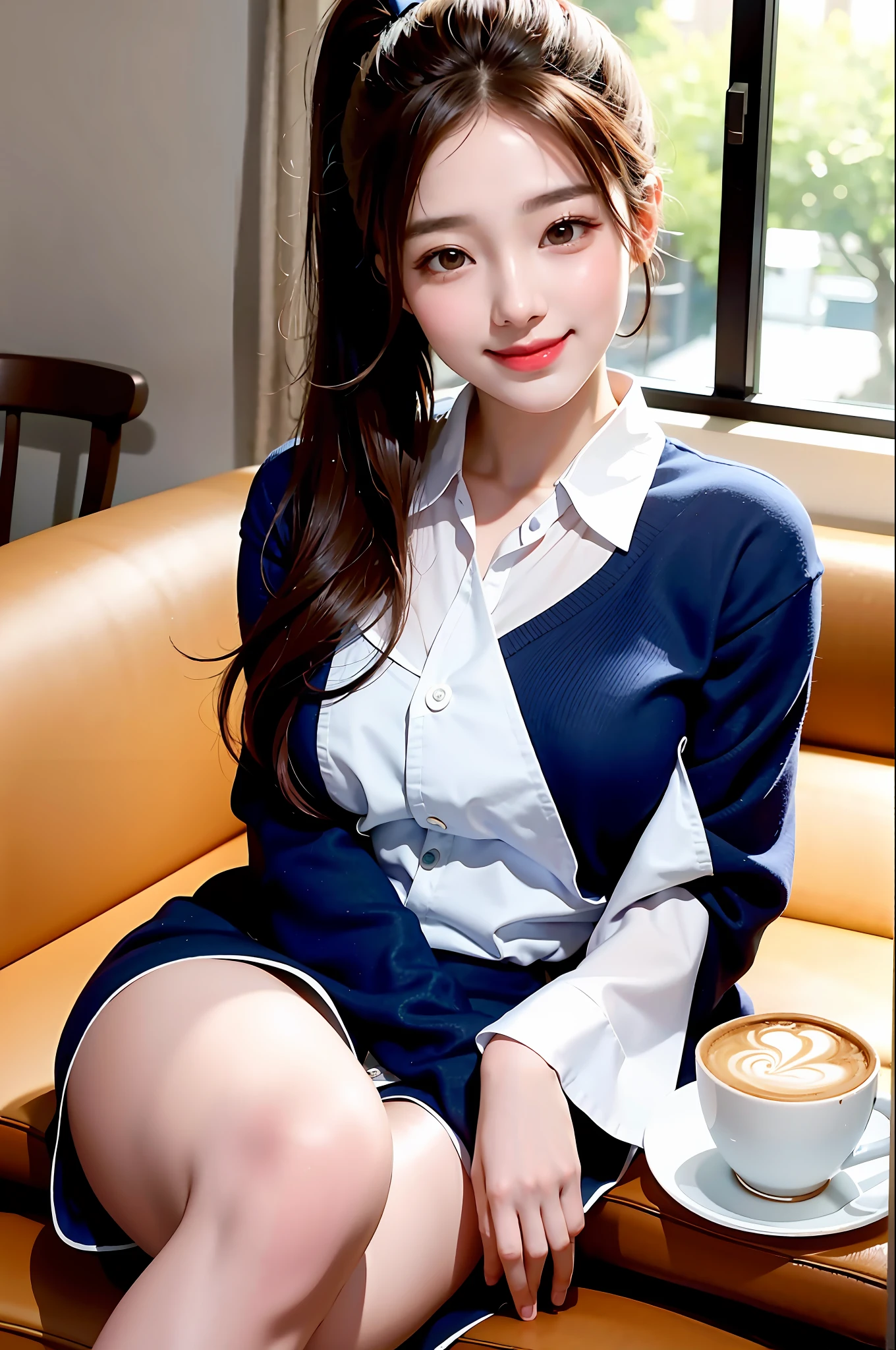Korean girl brunette sister ponytail smiling at the commentator HD picture masterpiece (beautiful girl, café, enchanting, virgin, sexy), (secretary), coquettish smile, coquettish woman, lead a dog