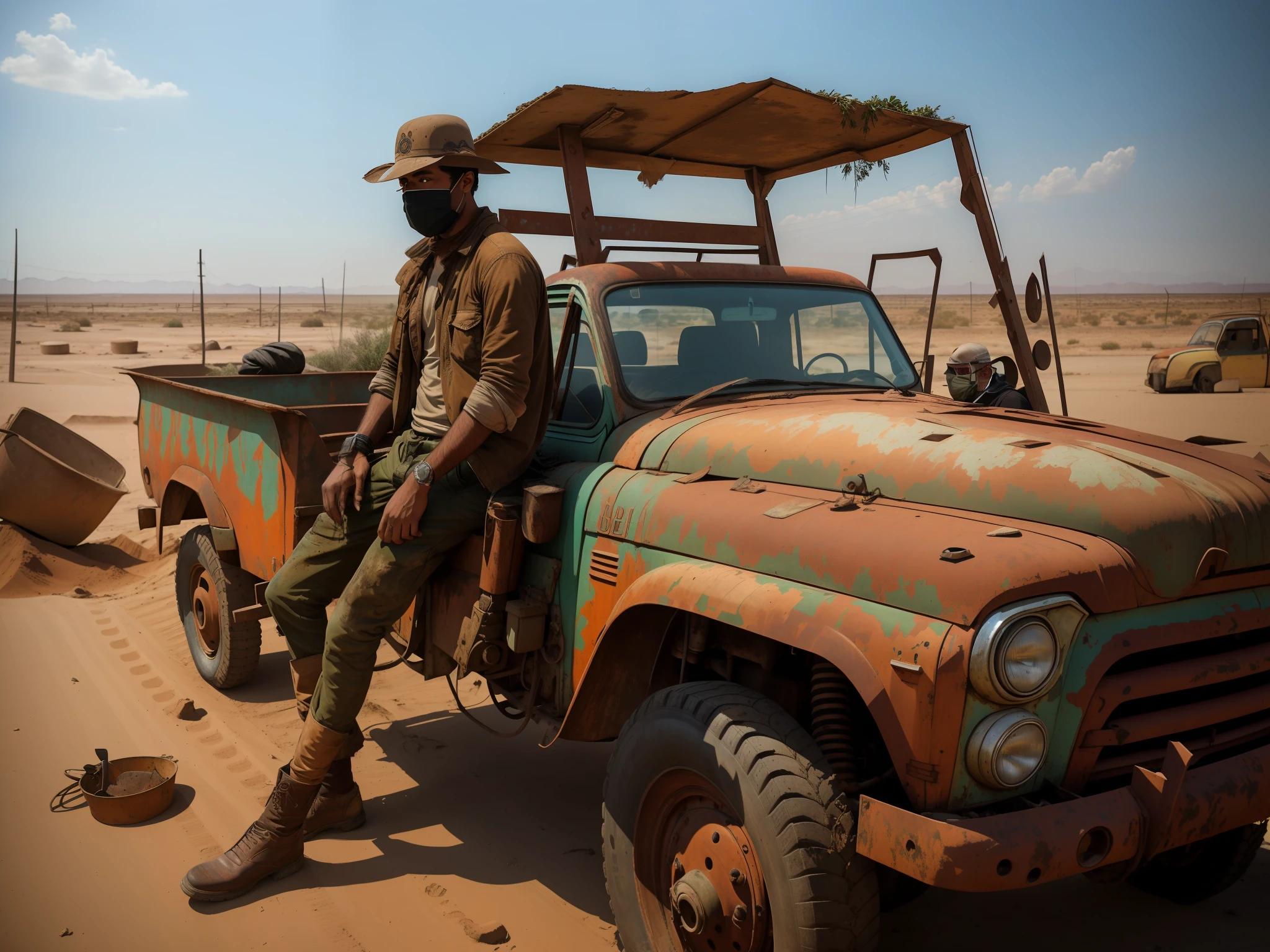 man with mask sits on top of a rusty and dirty pick-up truck on a barren wasteland under scorching sun