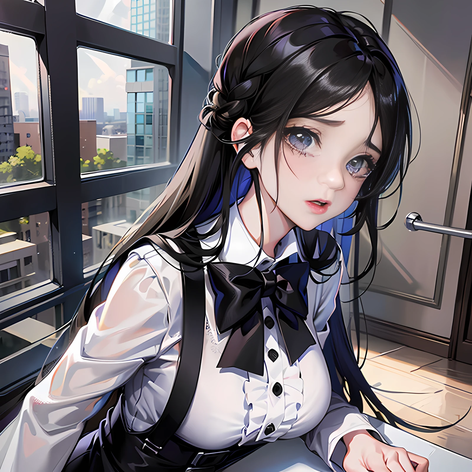 In the conference room, there is a girl walking, long black hair, grievances, tears, frontal, super detailed, 4k, white, no bow tie, super detailed