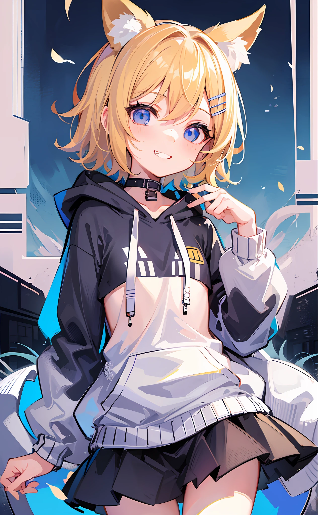 (Masterpiece), (Best Quality), (Illustration), (Ultra Detailed), (High Resolution), Perfect Anatomy, Absurdity, One Girl, (Kagamine_Rin), (Vocaloid), Short Hair, Hair Clips, Big Smile, (Blonde), Very Cute Girl, Small, Young, Delicate, Attention to Girl, Bedroom, Cute, She, Smile, Best Moment, , Blue Eyes, Bright Eyes, lively eyes, cute, standing, thighs, spoiled, innocent, love love, love viewer, clean skin, beautiful body, cute face, delicate arms, boyfriend gaze, lively eyes, neat, bare legs, dabo dabo hoodie, perfect hood, hoodie based on white, black shorts, beautiful girl, blue sky, full of energy, best girlfriend, happiness, cat ears, naughty mood, female brat, cheeky, Grinning, NSFW