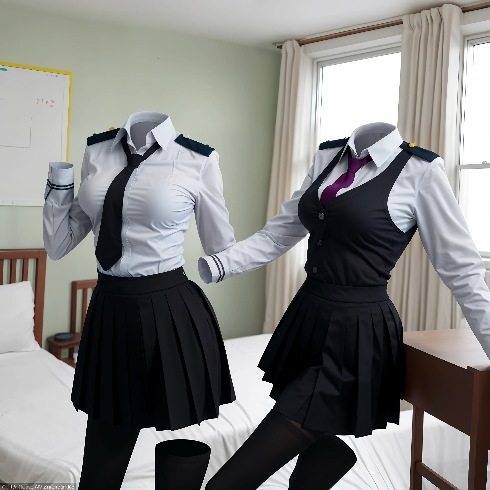 ((without humans)), (headless), empty, handless, invisible girls, school uniforms, (empty clothes), tights, school uniforms on a bed swells as if invisible busty girls are wearing them, girl's busty uniforms begin to pose on its own as if possessed by invisible girls,