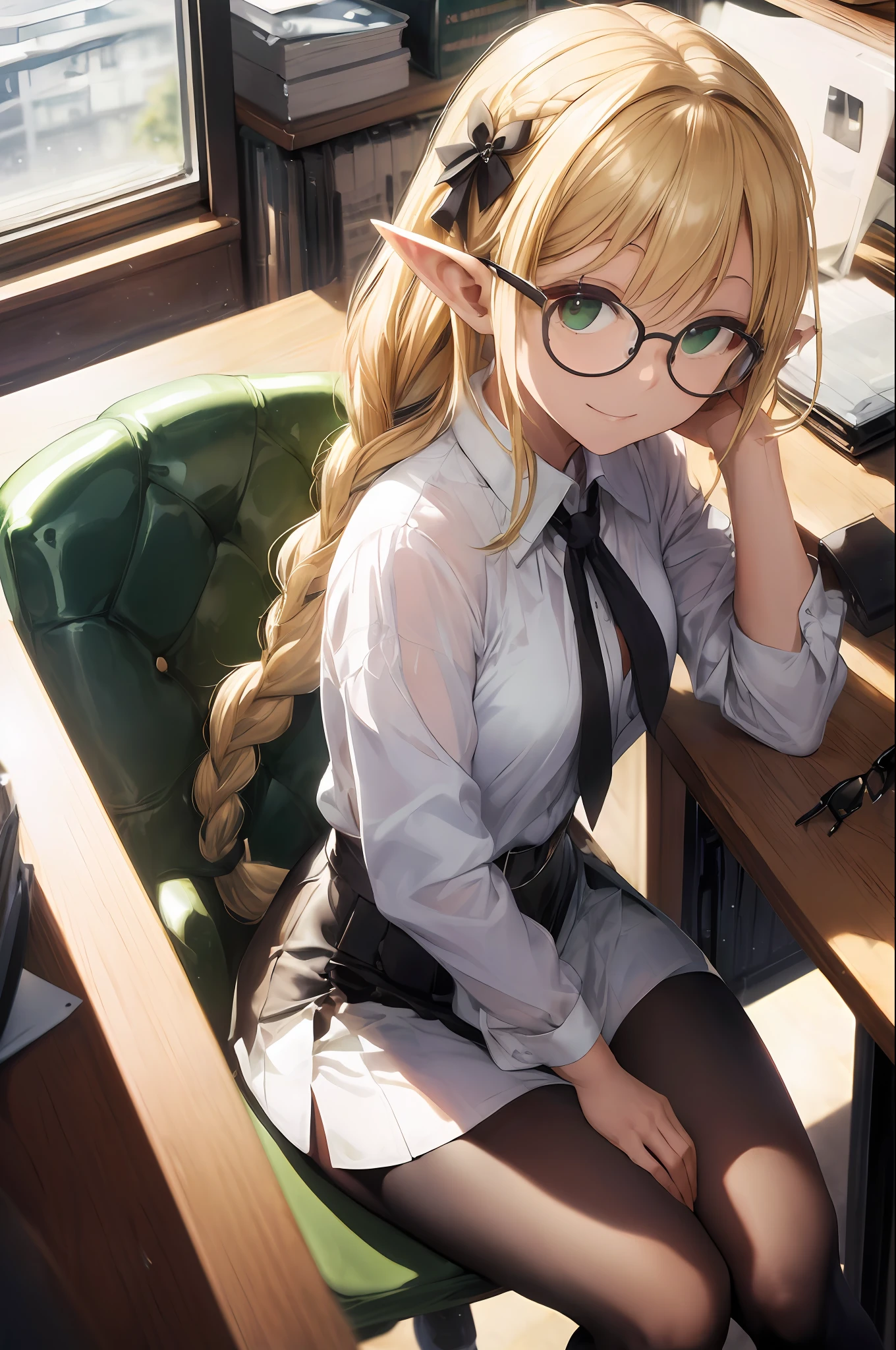 ((Masterpiece, top quality, precision, ultra-detail)))), ((Modern)), (Elf OL))))), ((Elf ears)), Destruction, (White Blouse), (Black Slit Skirt), (Black Tights))))), (Blonde Long Braid Hair), (Big Shining Dark Green Eyes), ((Big)), (Design Office), (PC on Stylish Office Desk), ( sit in a black office chair and turn around), smile, ((glasses))), (tilts head)))), breeze, dynamic angle, from above