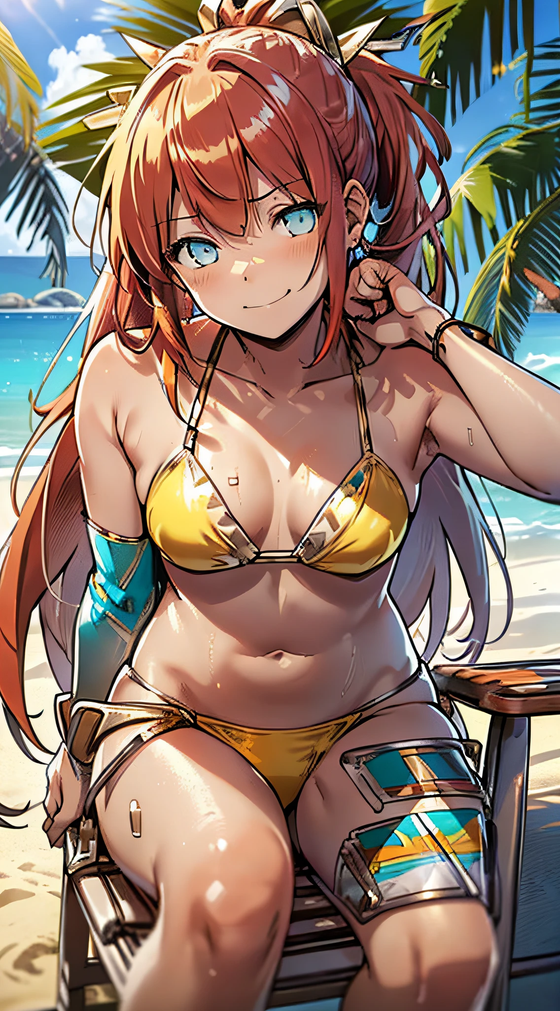 ((Masterpiece)), (((Squat)), (Sit on a White Beach Chair and Drink Tropical Juice), (((Metallic Yellow Bikini)), 1 Girl, Long-haired, Ponytail, (Red Hair), Sad Smile, Aqua Eyes, Small, 15 years old, Noon, Sunshine, Seaside, Fantastic Sky