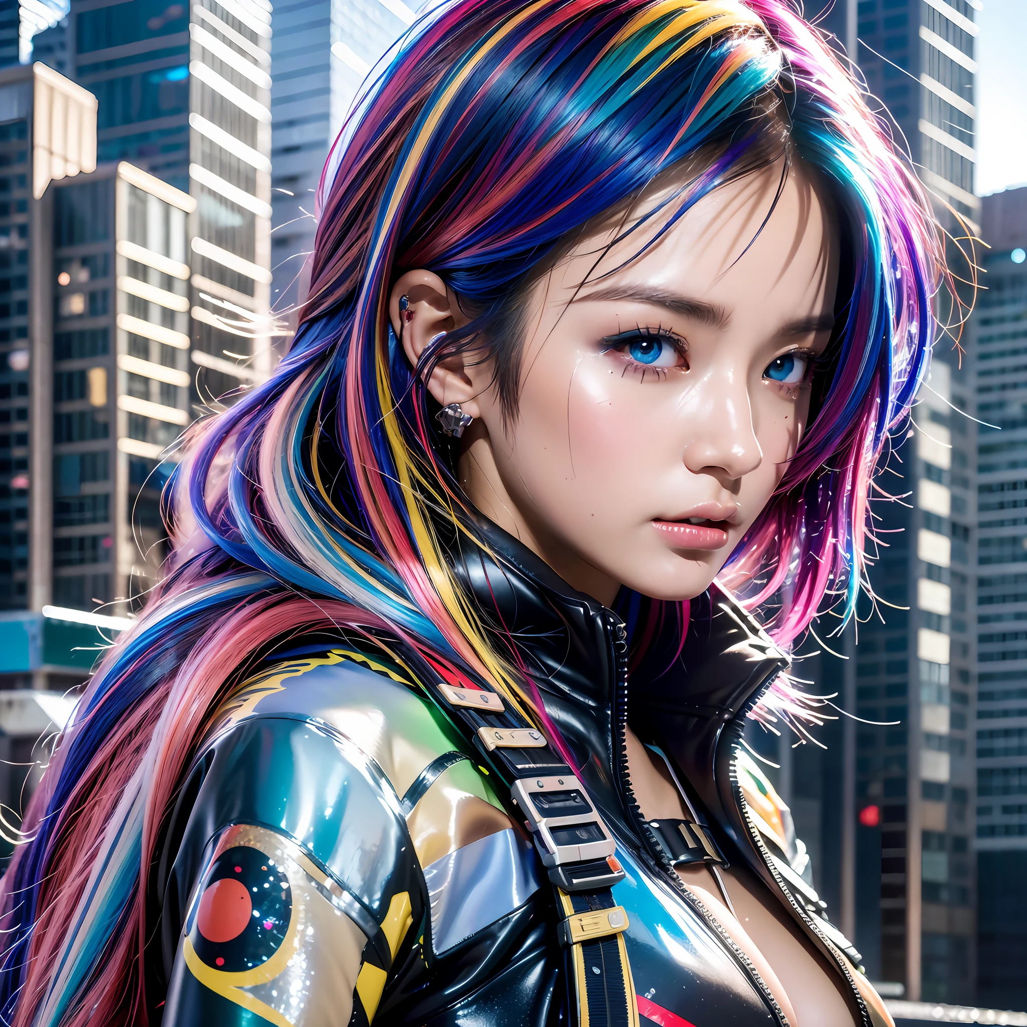 16K, HDR, RTX, ray tracing, best quality, masterpiece, ultra high quality, 3 girls, anime protagonist, tall, mature, cool, edgy, stylish cyberpunk outfit, multi colored hair, heroic drip, aesthetic, amazing, cool, beautiful, mesmerizing, alluring, ethereal, multicolored, highly detailed faces