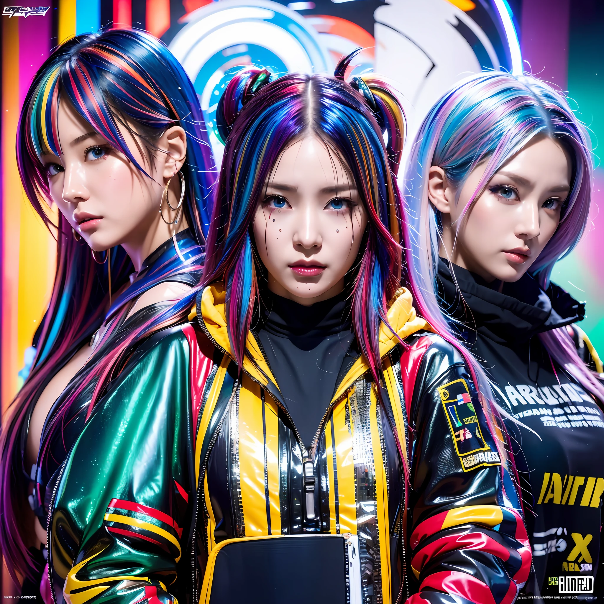 16K, HDR, RTX, ray tracing, best quality, masterpiece, ultra high quality, 3 girls, anime protagonist, tall, mature, cool, edgy, stylish cyberpunk outfit, multi colored hair, heroic drip, aesthetic, amazing, cool, beautiful, mesmerizing, alluring, ethereal, multicolored, highly detailed faces