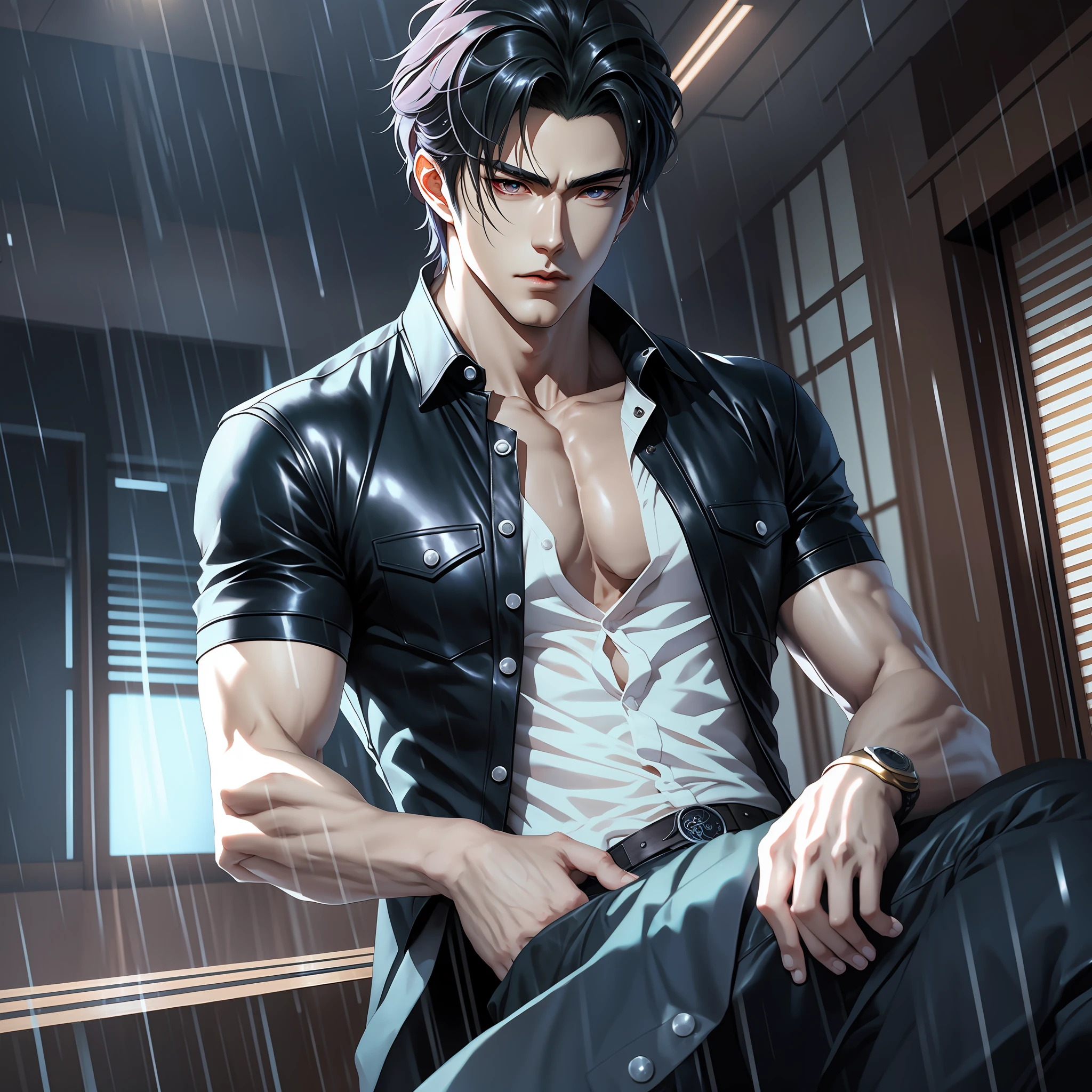 Anime - Style Decadent man, short sleeves, half-body, dim light, in the room, decadent anime pose, anime handsome man, realistic anime 3 D style, smooth anime CG art, anime realism style, realistic anime art style, anime portrait of handsome man, male anime style, badass anime 8 K, young anime man, digital anime illustration, detailed digital anime art, male anime characters , dim sky, heavy rain, heavy rain weather, rain lot, lightning --auto --s2