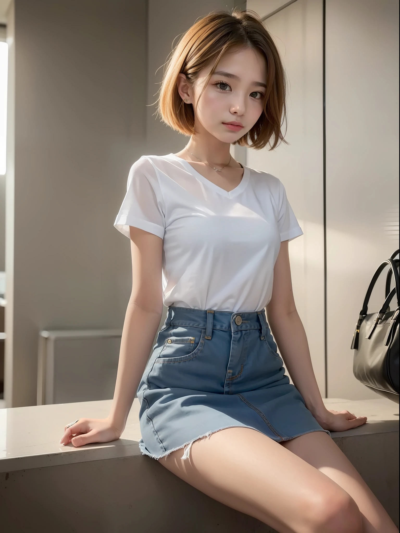 ((Best quality, 8k, Masterpiece: 1.3)), Sharp focus: 1.2, 1 aespa girl, beautiful face girl, cute face, age 24, small breasts, flat chest, short messy hair, sitting, white casual shirt, skirt, terminal, station, take a baggage, sunlight, dramatic angle, kindness, cinematic lighting, (8k, masterpiece, best quality, raw photo)
