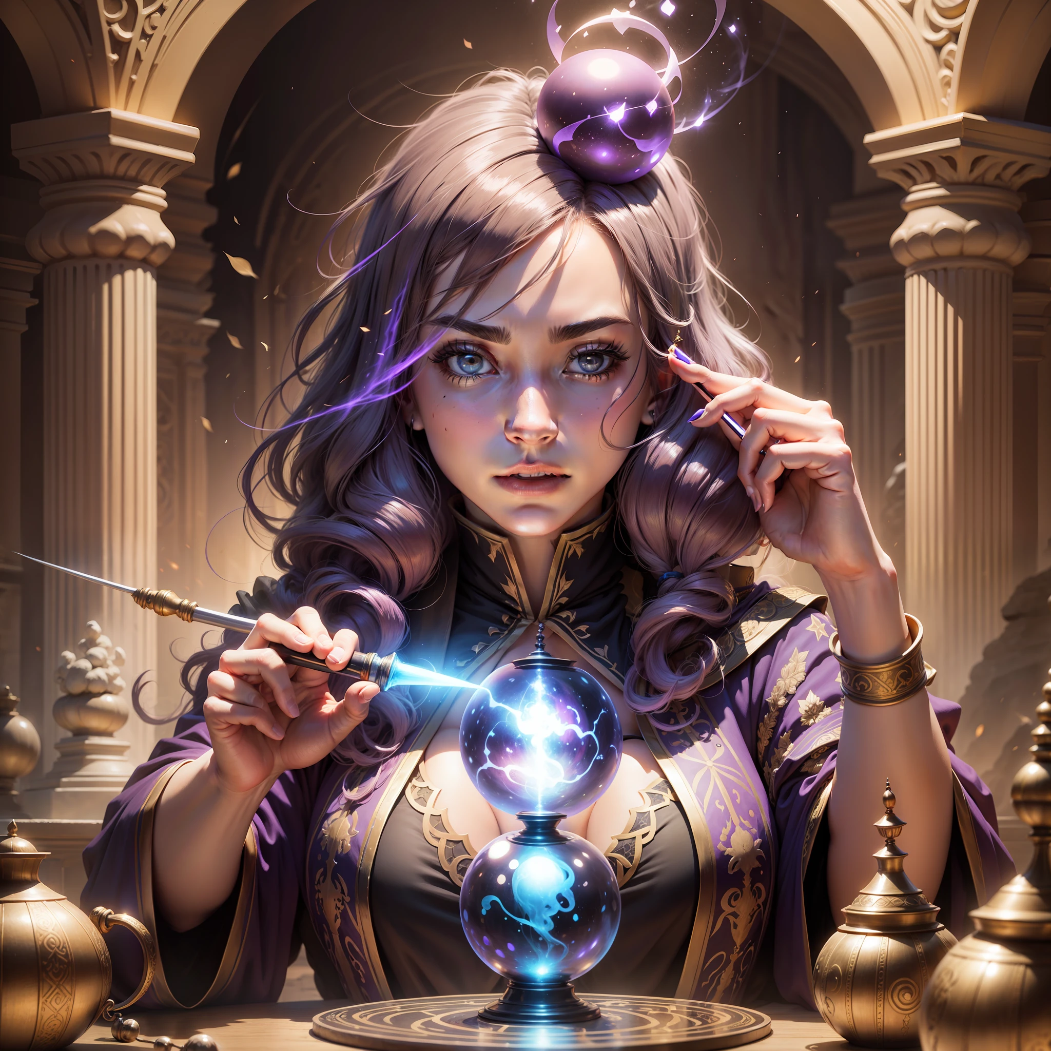 A female magician sits at a table in a classical robe, holding a wand to cast a spell on the magic ball, with a magic highlight effect behind it, full of mystery and ancient style. --auto --s2