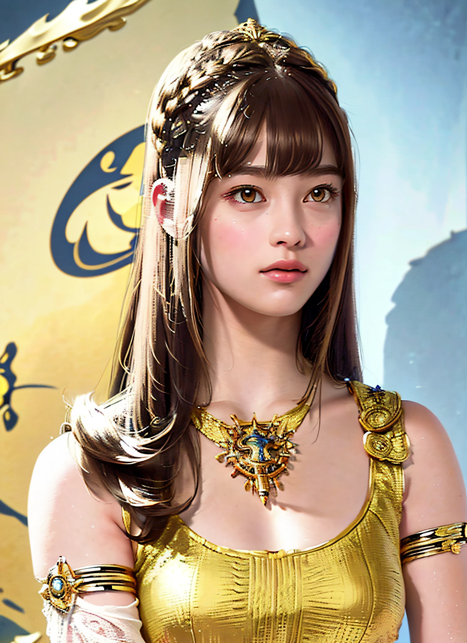 (Realistic, Portrait: 1.3), Intricate Details, Big, Sexy Swimsuit, (Surreal), (Illustration), (High Resolution), (8K), (Very Detailed), (Best Illustration), (Beautiful Detailed Eyes), (Best Quality), (Ultra Detailed), Intricate Detail Gemstones (Detailed Women's Armor: 3.3), (Gorgeous Gold Armor: 1.2), 1 Girl, Solo, Long Hair, Wind, Gorgeous Face, Top quality, masterpiece, maximum detail, diffused lighting, (brown hair: 1.3), Valhalla Valkyrie, mechanical arm,
