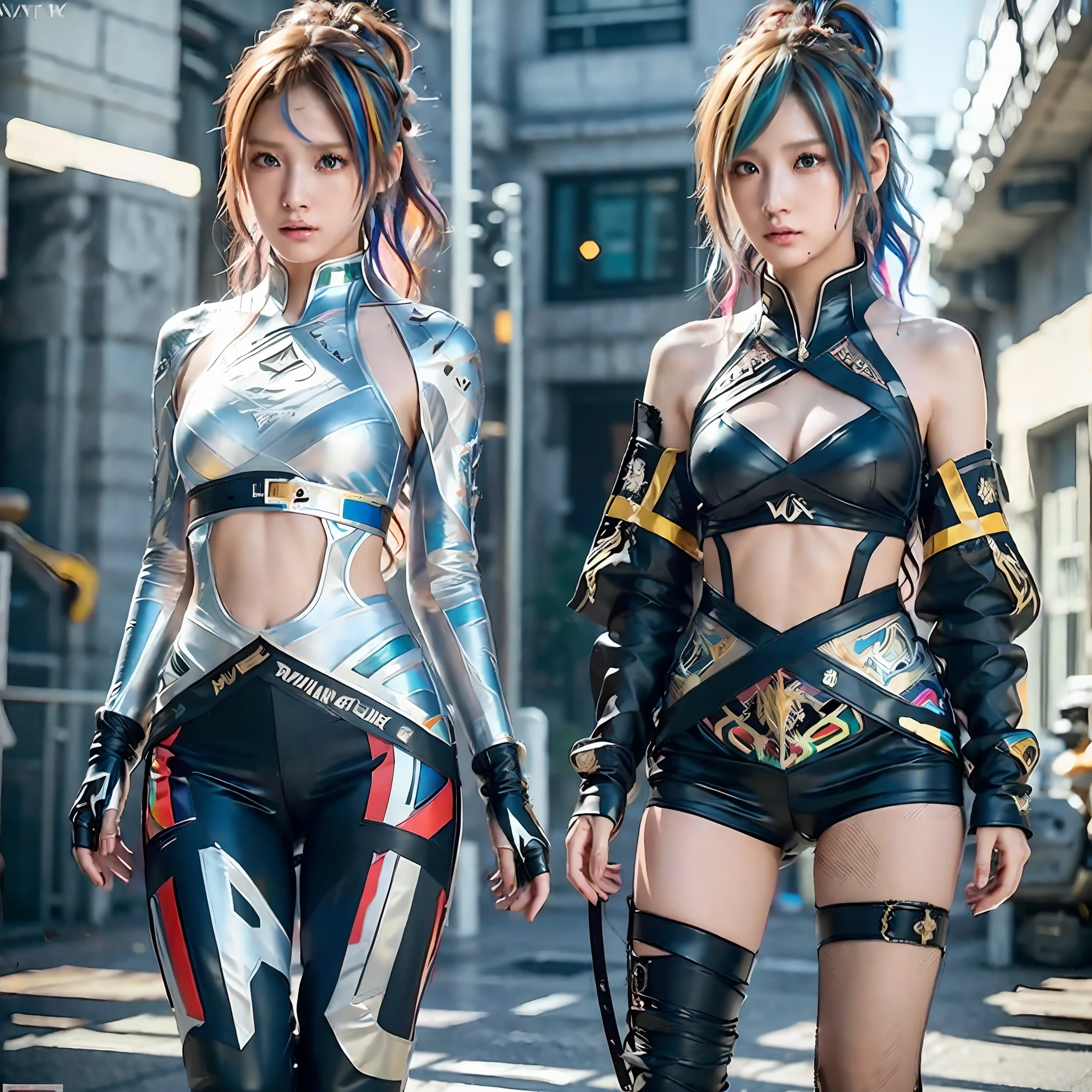 16K, HDR, RTX, ray tracing, best quality, masterpiece, ultra high quality, 3 girls, anime protagonist, tall, mature, cool, edgy, stylish cyberpunk outfit, multi colored hair, heroic drip, aesthetic, amazing, cool, beautiful, mesmerizing, alluring, ethereal, multicolored, highly detailed faces
