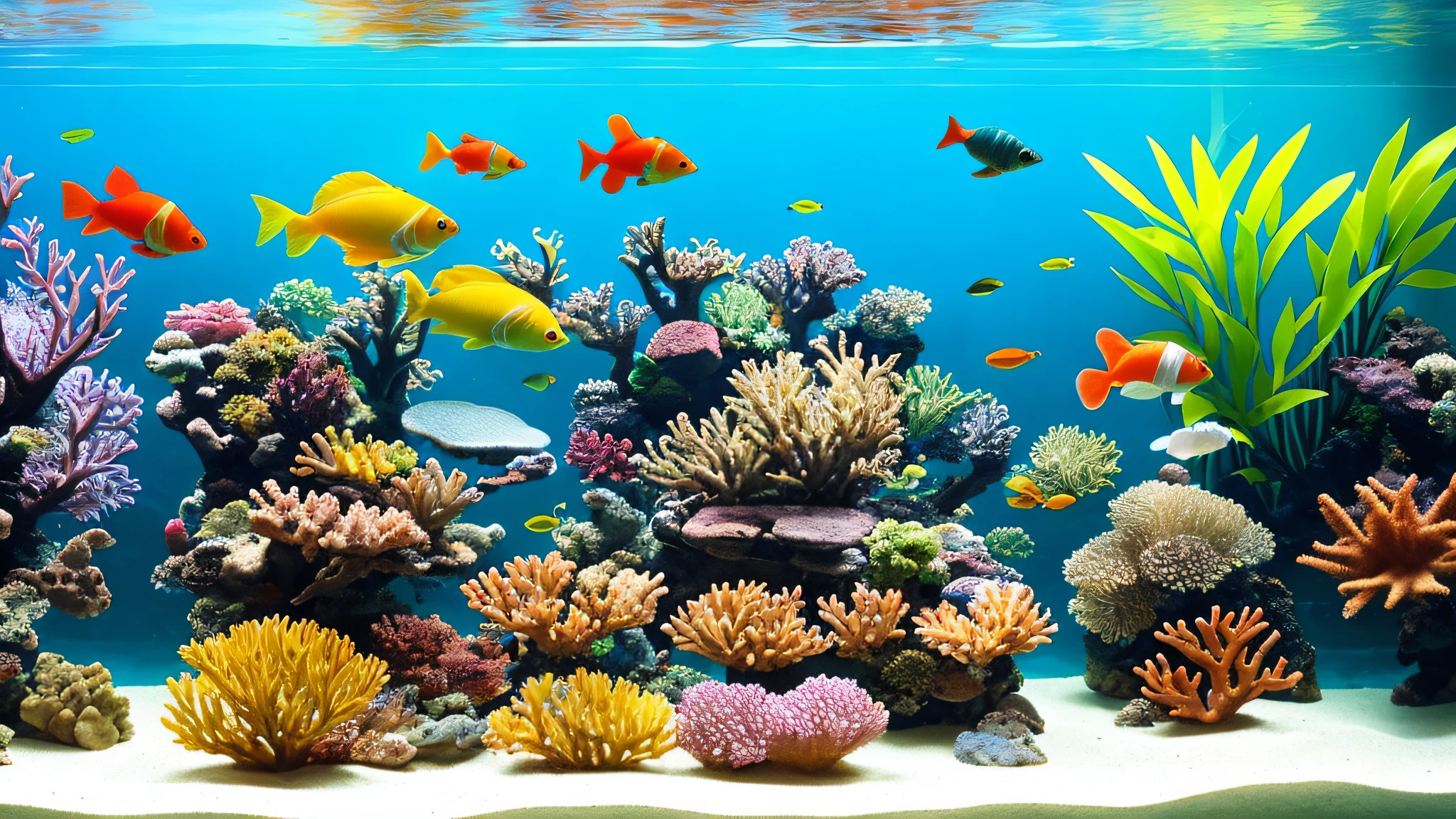 There is a fish tank with many different types of fish, submarines, aquariums, aquarium life, underwater scenes, coral reefs, fish tanks, underwater landscapes, underwater landscapes, underwater world, underwater life, tropical coral reefs, underwater landscapes, large aquariums, coral reefs, fish swimming, coral reefs, underwater environment, marine plants, fish, colorful coral reefs, aquatic plants