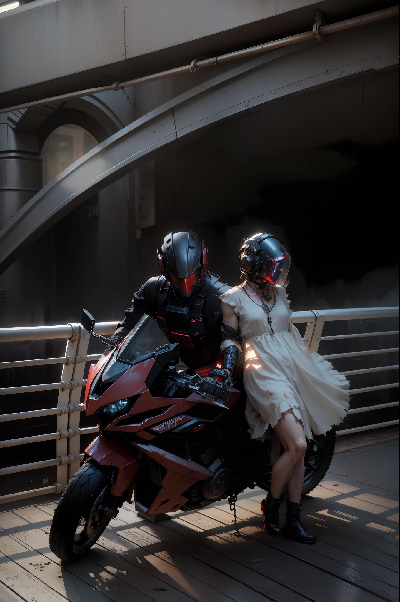 Dark_Fantasy,Cyberpunk,(chain saw,chain saw man,Red:1.1),1man,Mechanical marvel,Robotic presence,Cybernetic guardian, wearing a worn-out mech suit, intricate, (steel metal [rusty]), elegant, clear focus, shot by greg rutkowski, soft lighting, vibrant colors, masterpiece, ((street)), cowboy shot, dynamic pose, --auto --s2