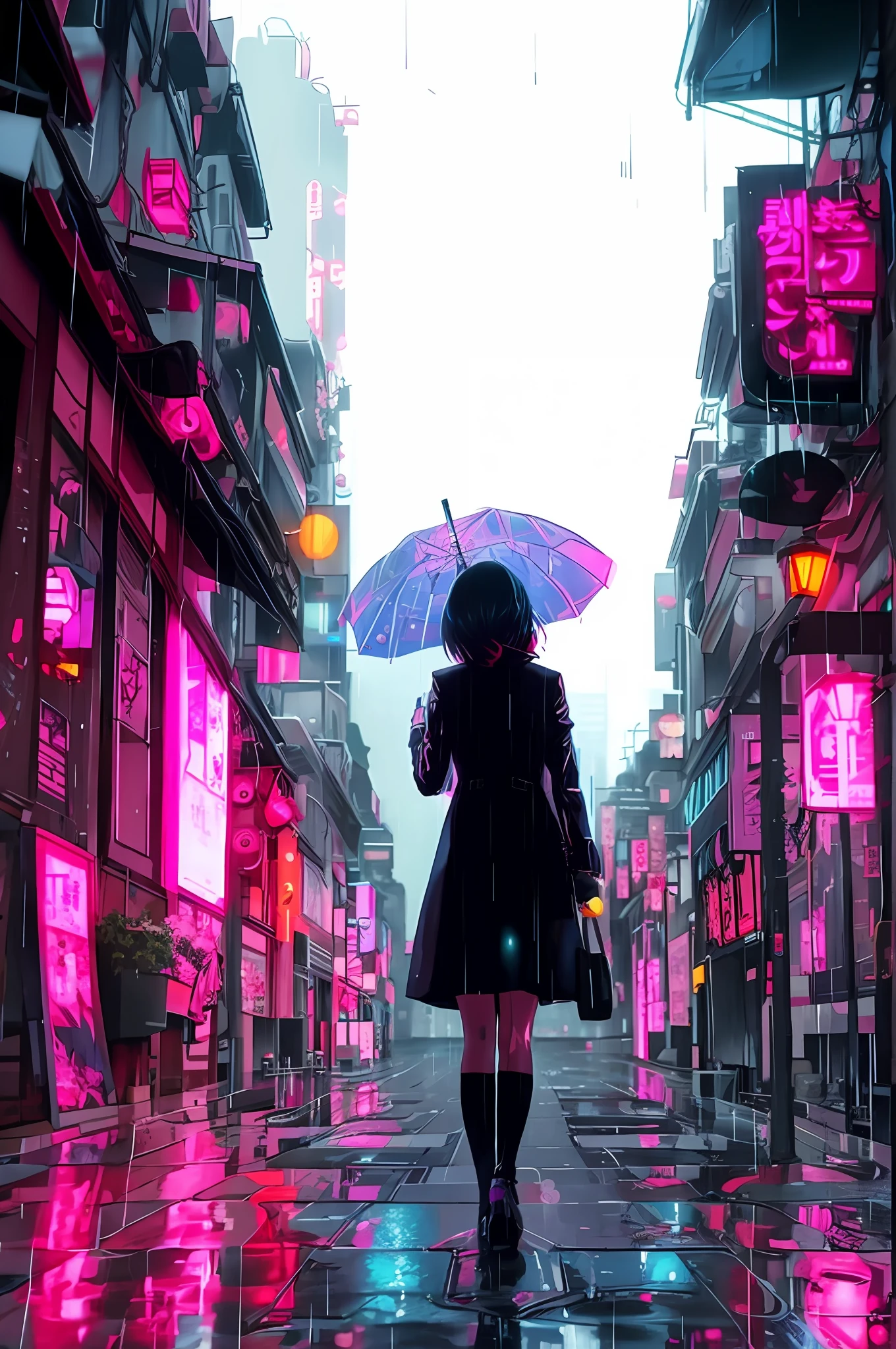 woman walking in the rain with an umbrella in a city, rainy cyberpunk city, tokyo anime scene, by Yuumei, in cyberpunk city, anime cyberpunk art, artwork in the style of guweiz, inspired by Yuumei, cyberpunk anime art, in a cyberpunk city, cyberpunk streets in japan, in a futuristic cyberpunk city, cyberpunk art style