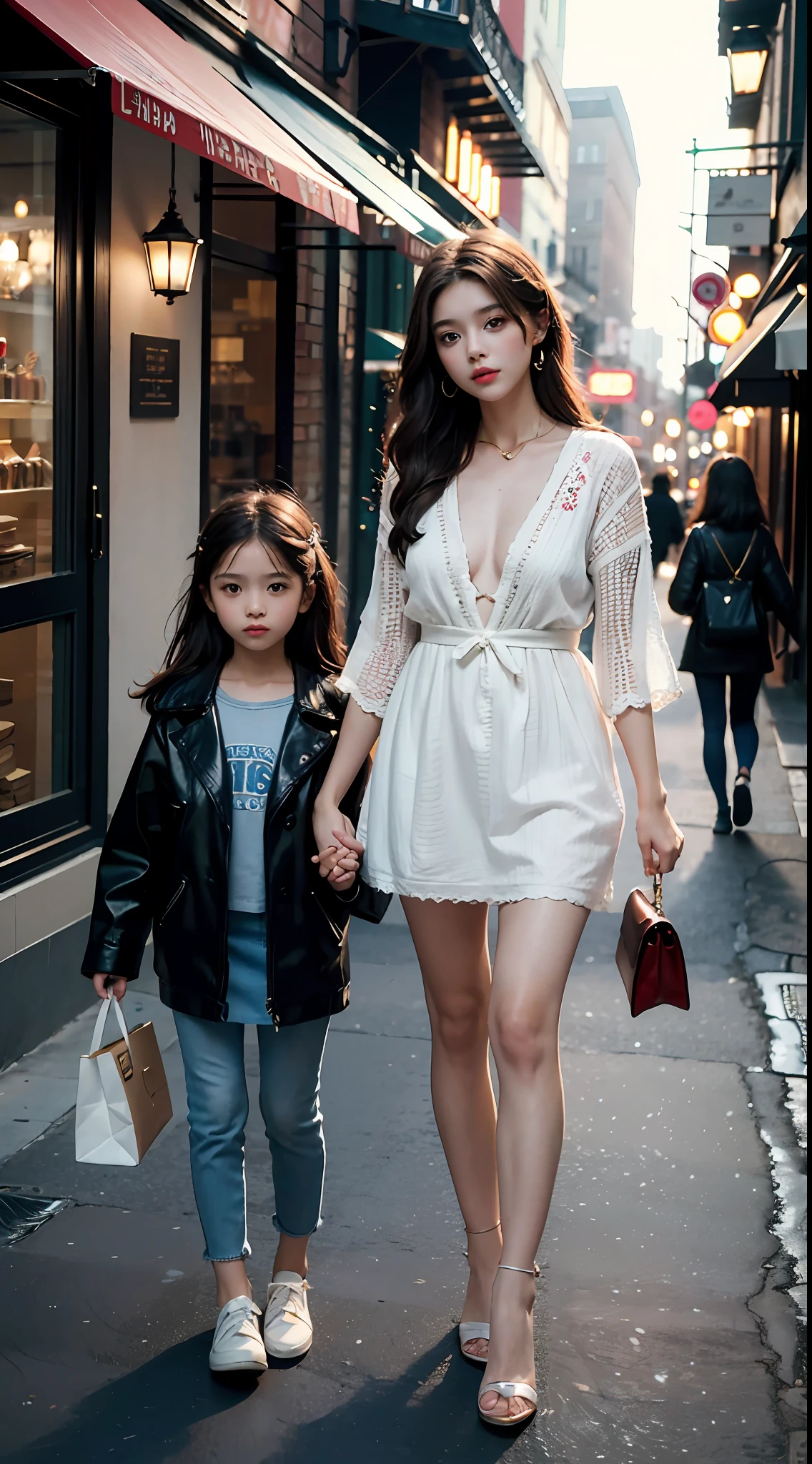 Best Quality, Masterpiece, Ultra High Resolution, (Realisticity: 1.4), Original Photo, Street View, 2girls, 25 years old women and 8ars old girl, lady and liirl, mother and daughter, movie lighting, fashion model, cute,