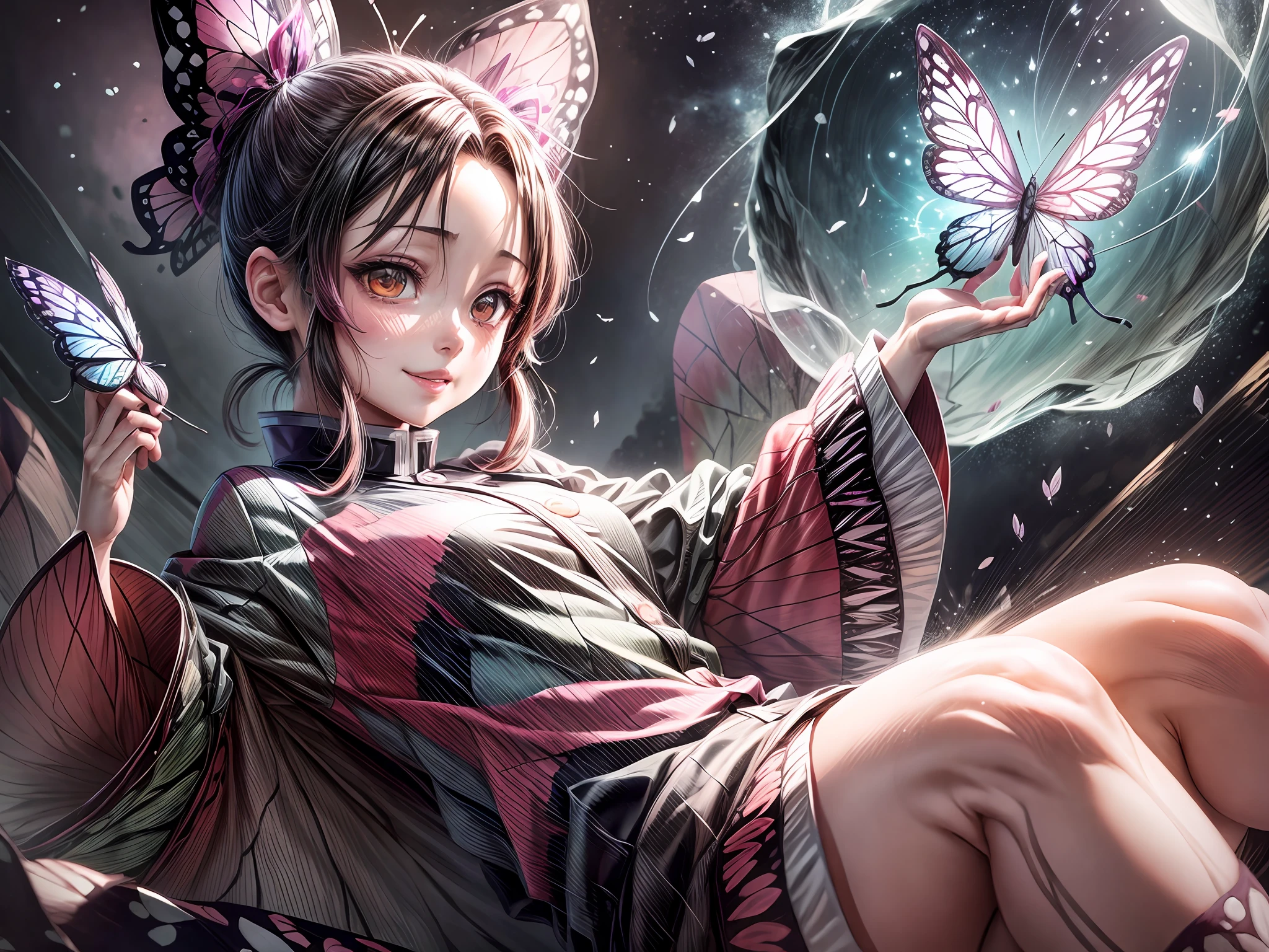 shinobu, Kimetsu no Yaiba manga, 1 girl, smile gently, play with butterflies, dynamic angle shot, ultra detailed, ((hyper realistic)), glittering, moon light, RAW photo, full shot, wide shot