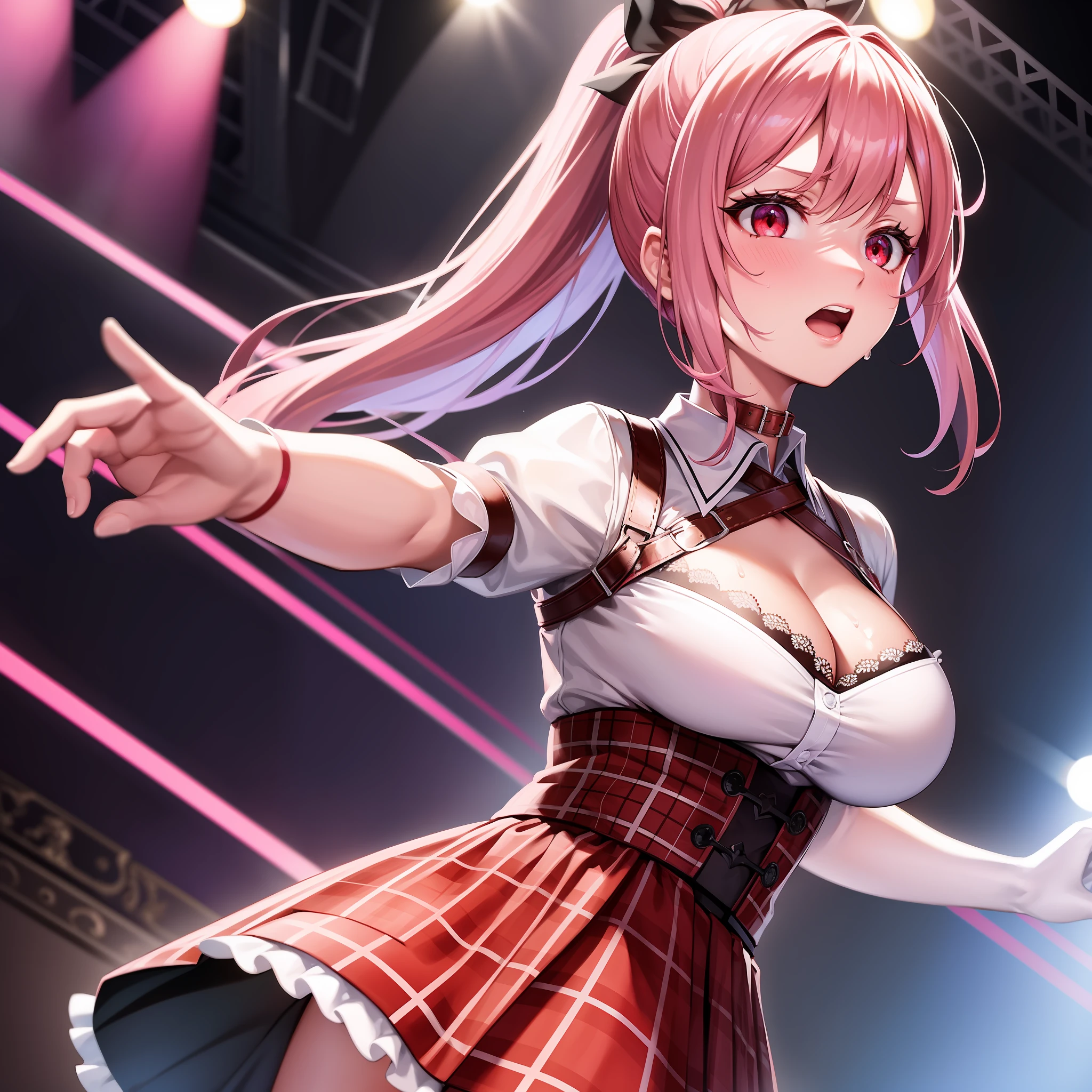 Solo, top quality, masterpiece, detailed background, very complex and detailed face, long eyelashes, detailed eyes, (high ponytail: 1.3), (red eyes: 1.3), (pink hair and white mesh: 1.2), large cleavage, slim, red collar, skirt, tartan check, sweat, on stage, singing, microphone, embarrassed look, angle from below, T-front