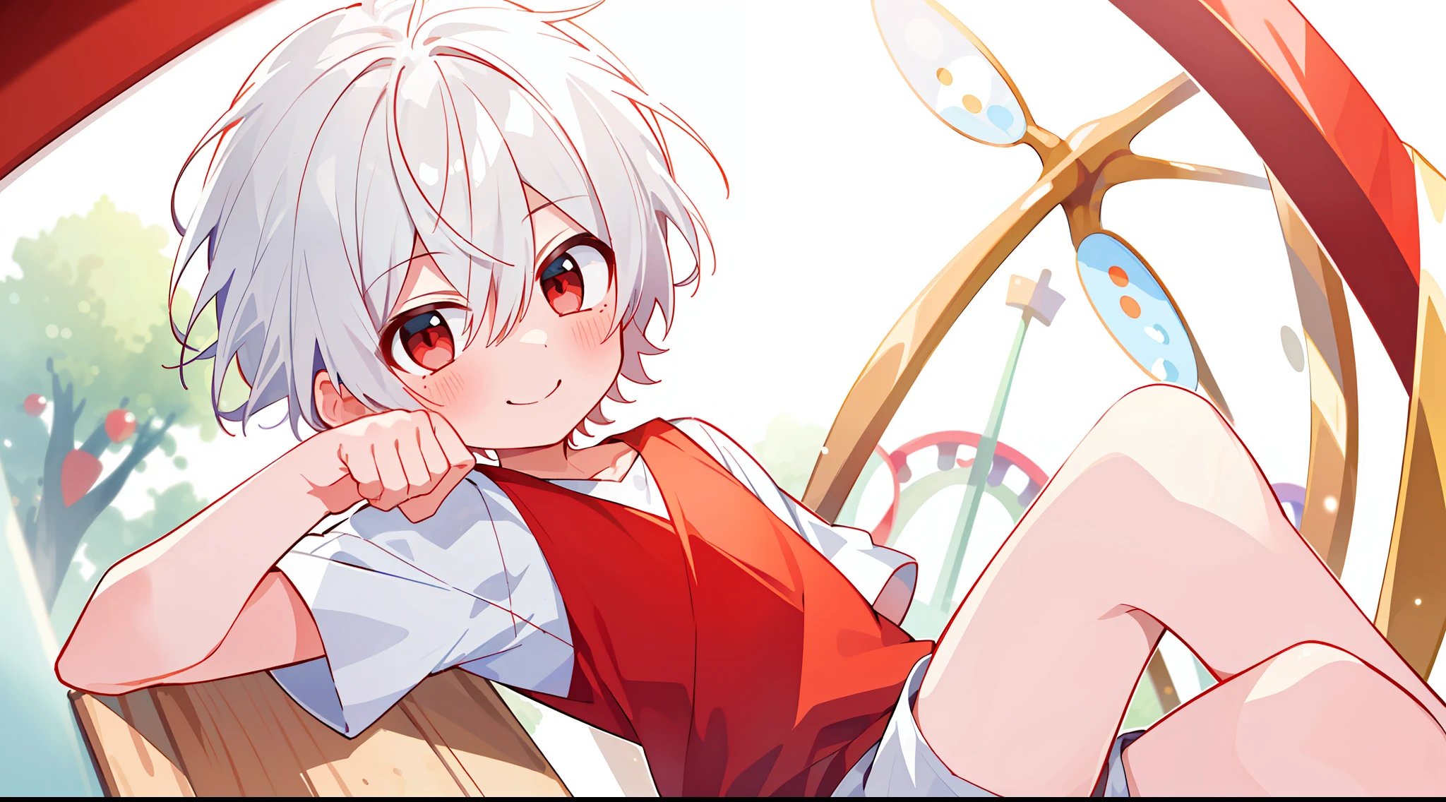 ((masterpiece)),(((best quality))), (high-quality, breathtaking),(expressive eyes, perfect face), 1boy, solo, male, short, young, small boy, short white hair, red eyes, smiling, blushing, cute top, short shorts, amusement park, sweet