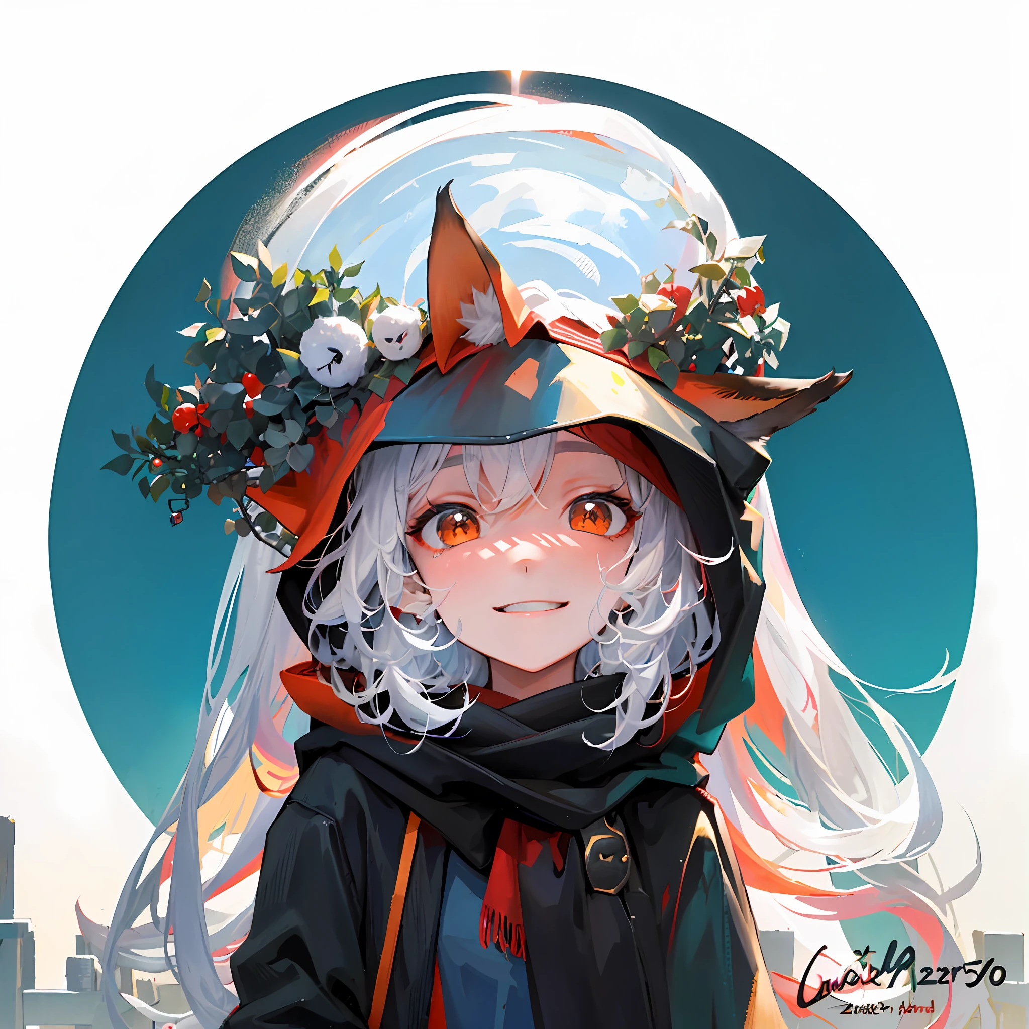 Masterpiece, best quality, 1girl, long hair, (red fox ears), open eyes, look at the audience, :3, cute, scarf, jacket, outdoors, streets, evil smile, (fox ears)