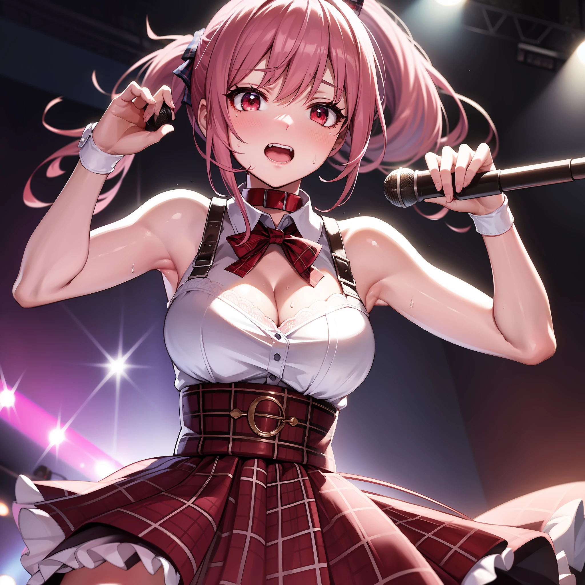 Solo, top quality, masterpiece, detailed background, very complex and detailed face, long eyelashes, detailed eyes, (high ponytail: 1.3), (red eyes: 1.3), (pink hair and white mesh: 1.2), large cleavage, slim, red collar, skirt, tartan check, sweat, on stage, singing, microphone, embarrassed look, angle from below, T-front
