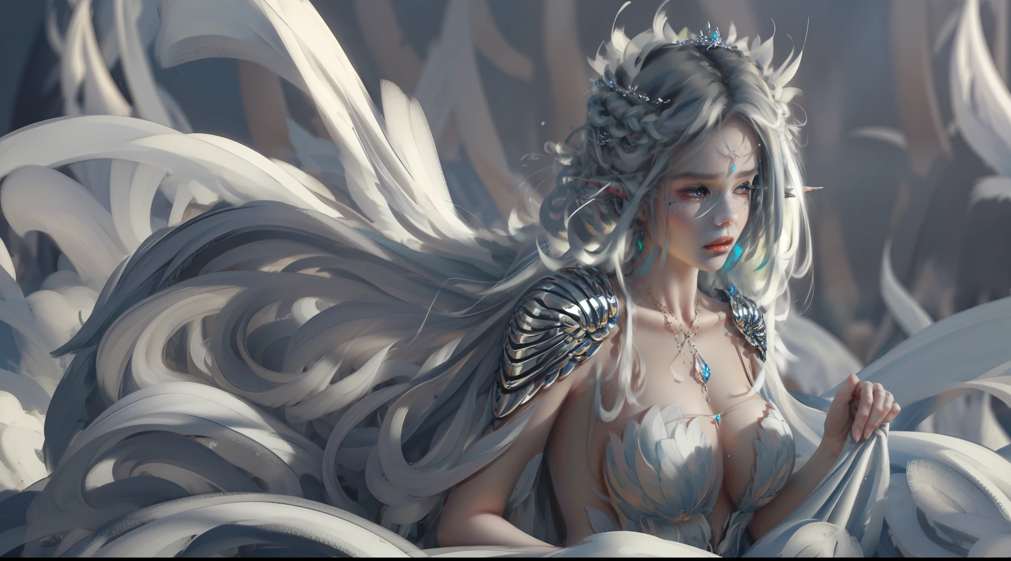 ((Super fine 8K CG wallpaper)), (noble and elegant style), beautiful beauty dressed in white evening dress, feather hair ornaments and crowns, (cold color white hair), enhance character characteristics, rich body details, sweet face, sea qin smoke, tear moles, elf ears