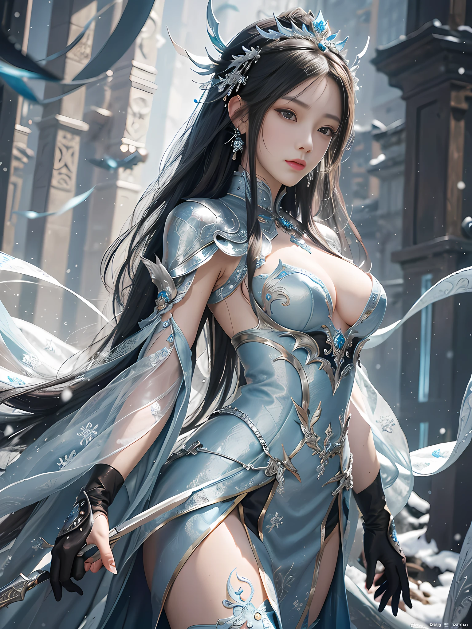 Close-up of a woman in a silver-blue dress, Cheng Weipan Art Station, Xiuxian Technology Sense, Ice and Snow Beauty, Gauze Sleeves, Detailed Fantasy Art, Stunning Character Art, Epic Exquisite Character Art, Beautiful Complex Armor, Machinery, Extremely Detailed Art Budding, Detailed Digital Animation Art, Artgerm on Art Station Pixiv, Armor Girl, Heavy and Exquisite Complicated Headdresses and Jewelry, Noble High-Tech Sense, True God Sense of Déjà Vu,